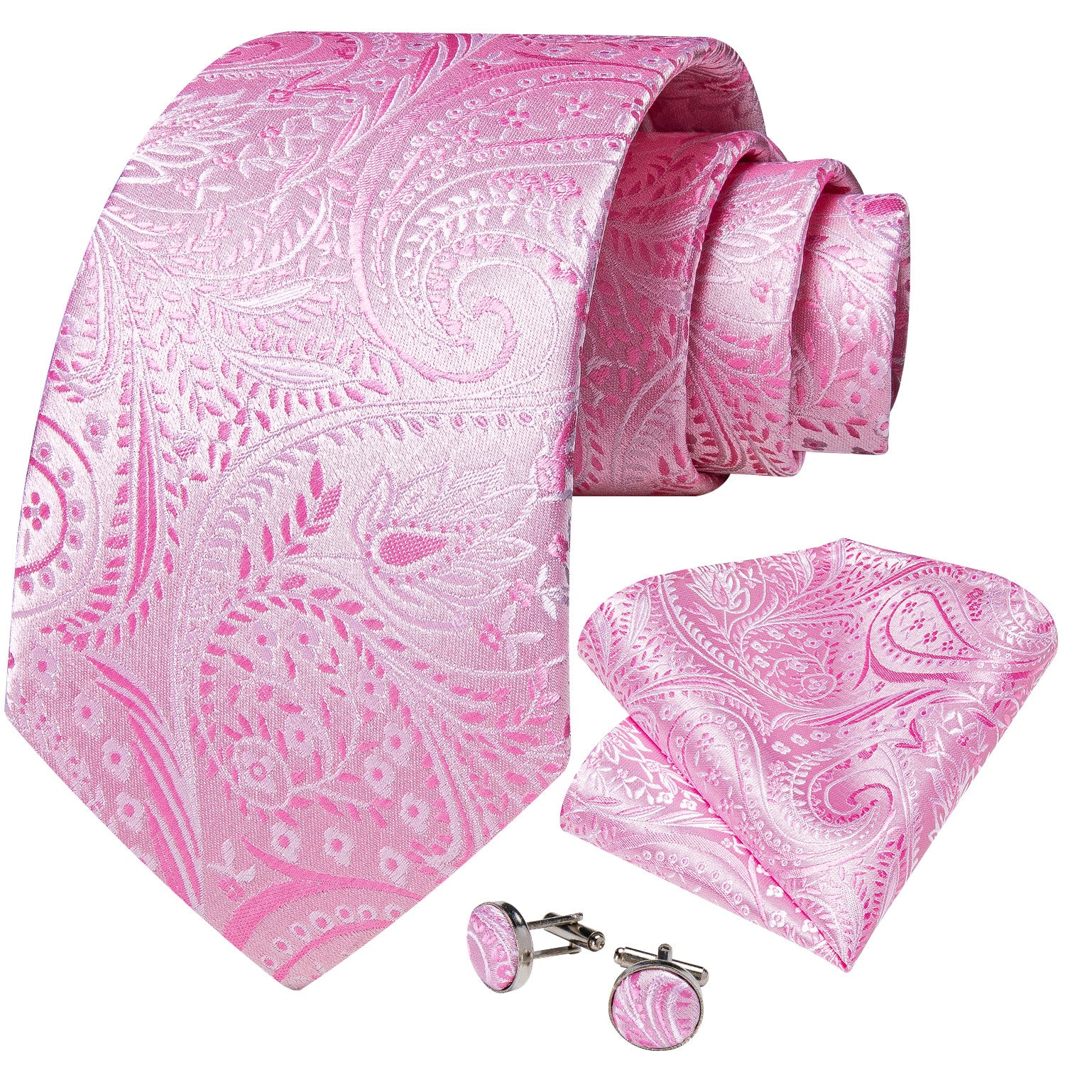 Beautiful Pink Floral Tie Pocket Square Cufflinks Set
