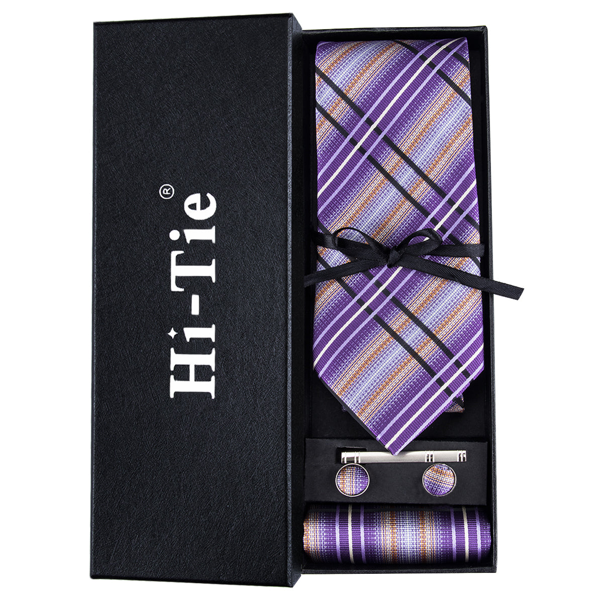 Purple Beige Striped Silk Men's Tie Pocket Square Cufflinks Gift Box Set