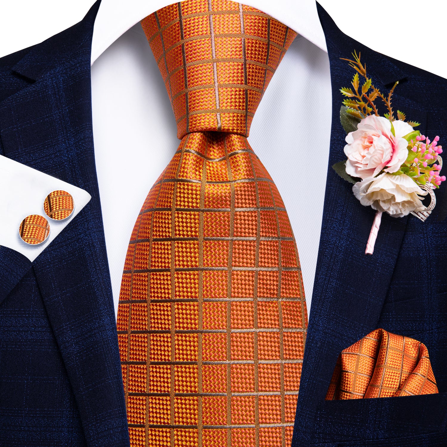 Orange Plaid Tie Handkerchief Cufflinks Set with Wedding Brooch