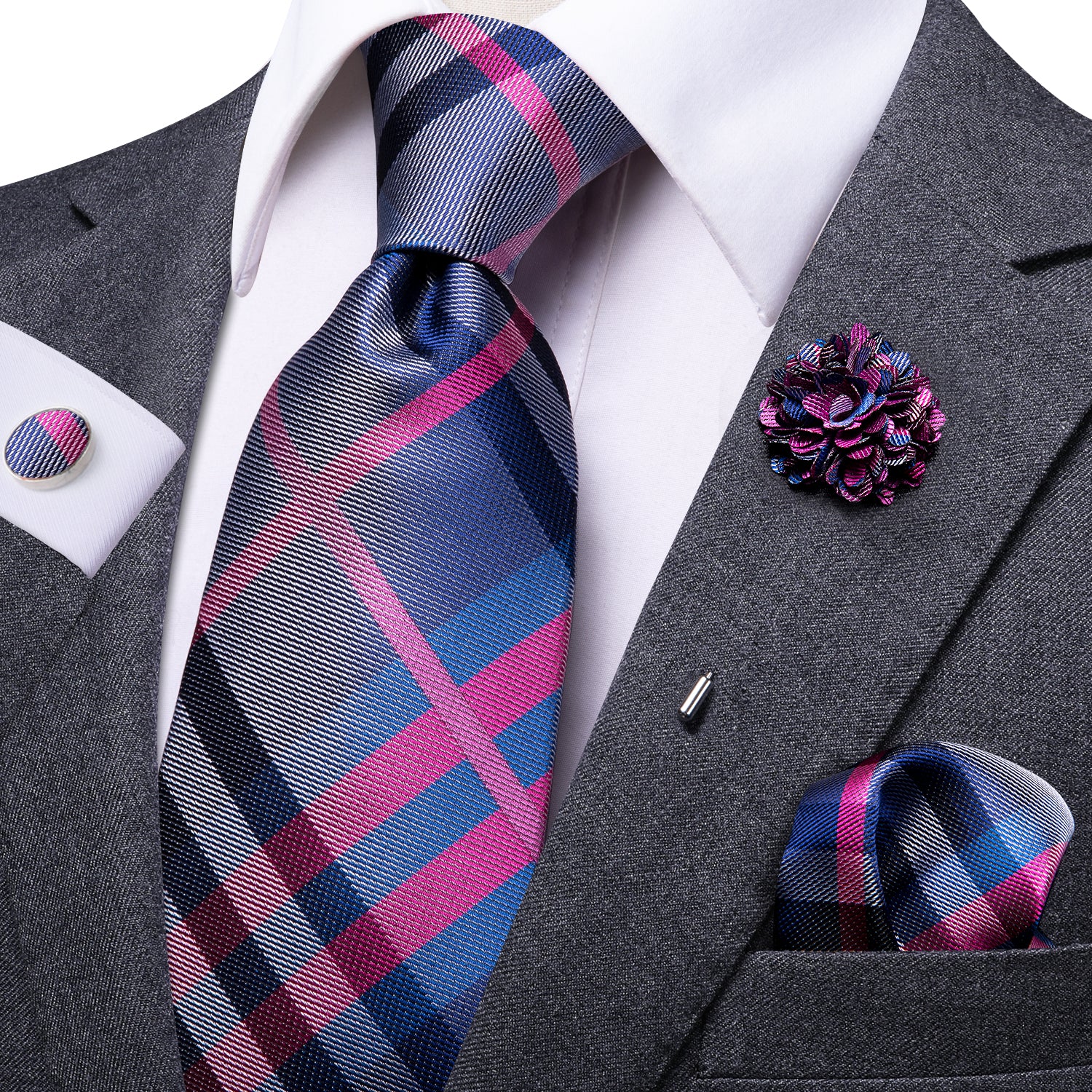 Pink Blue Grey Plaid Tie Pocket Square Cufflinks Set with Brooch