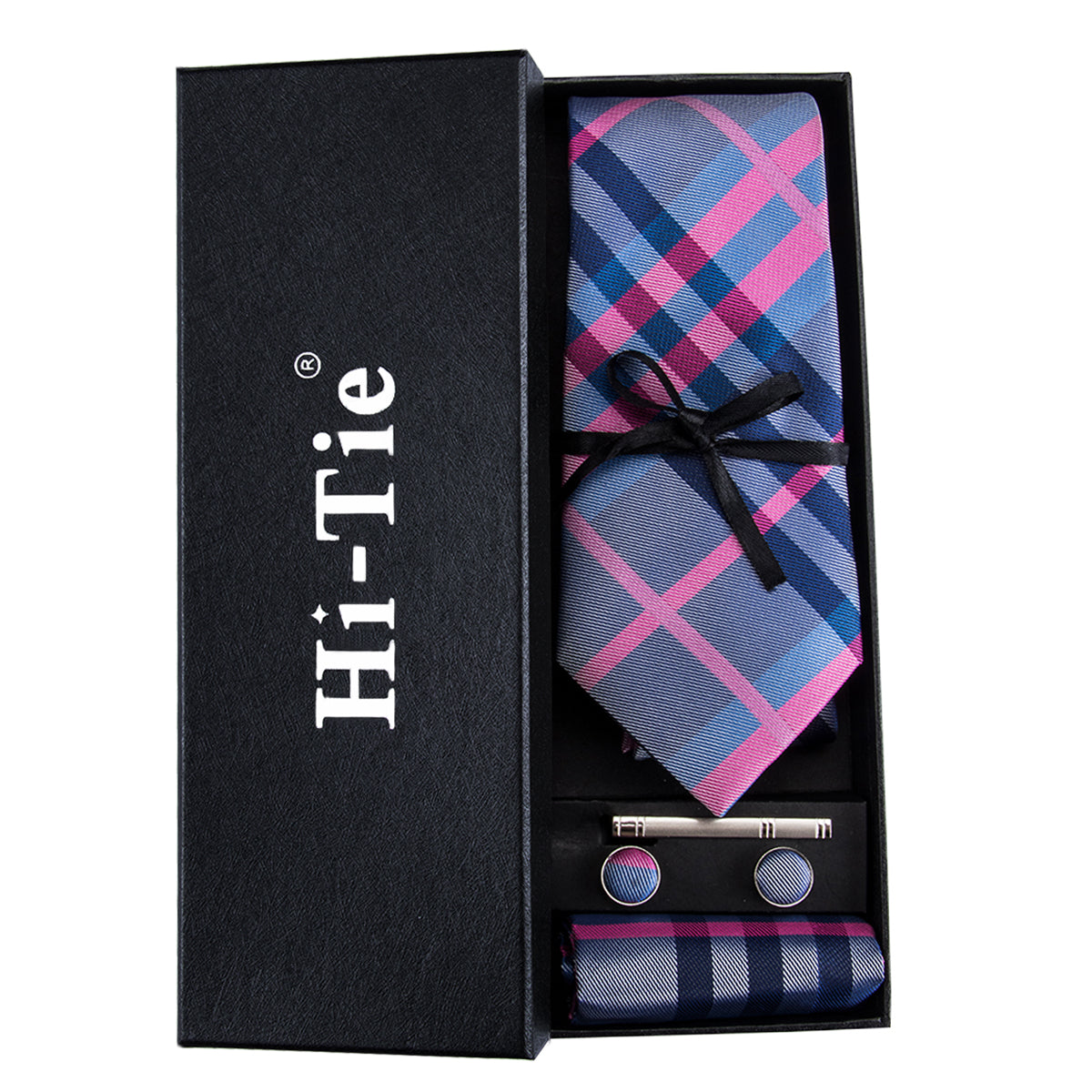 Pink Blue Grey Plaid Tie Pocket Square Cufflinks Set Gift Box Set