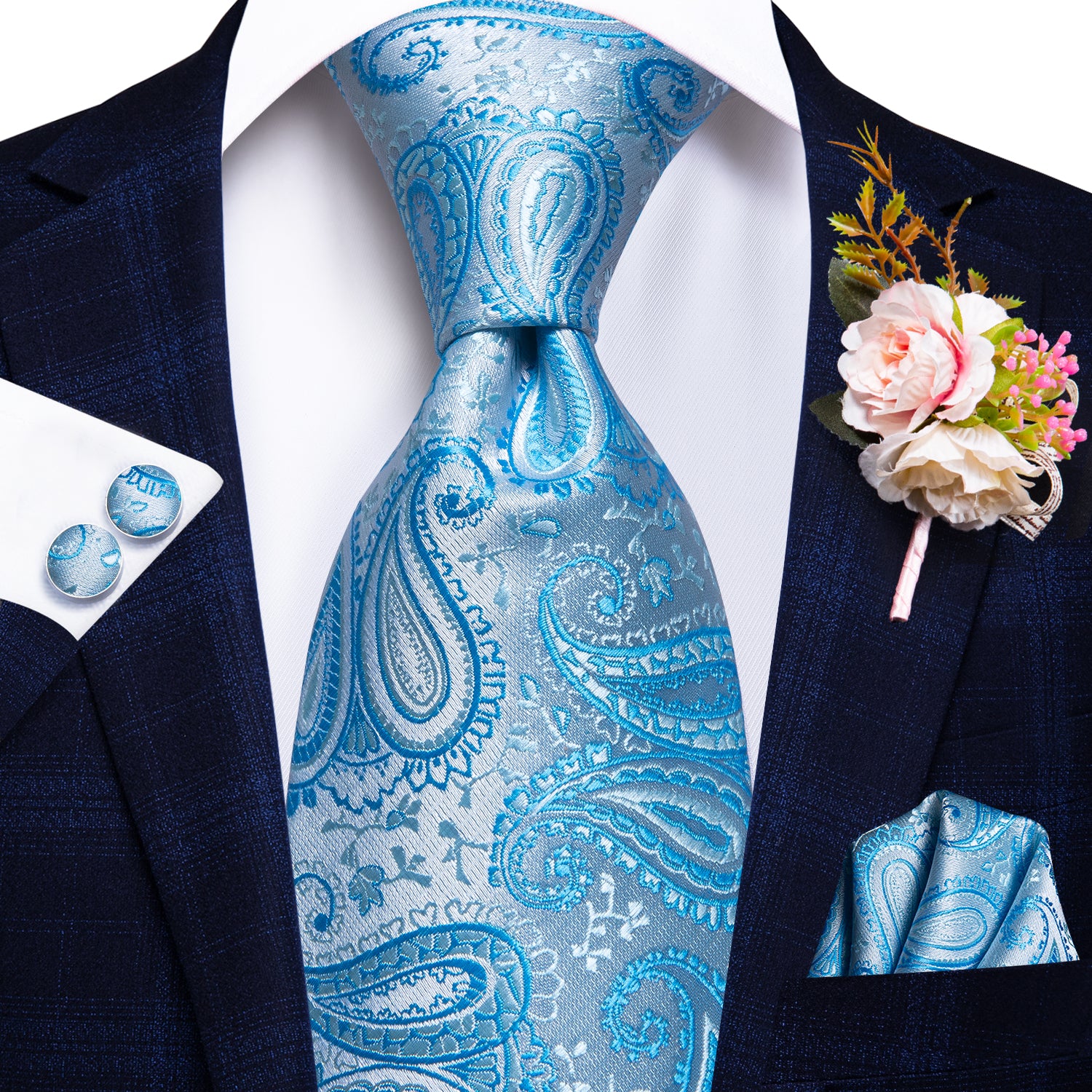 Sky-blue Paisley Tie Handkerchief Cufflinks Set with Wedding Brooch