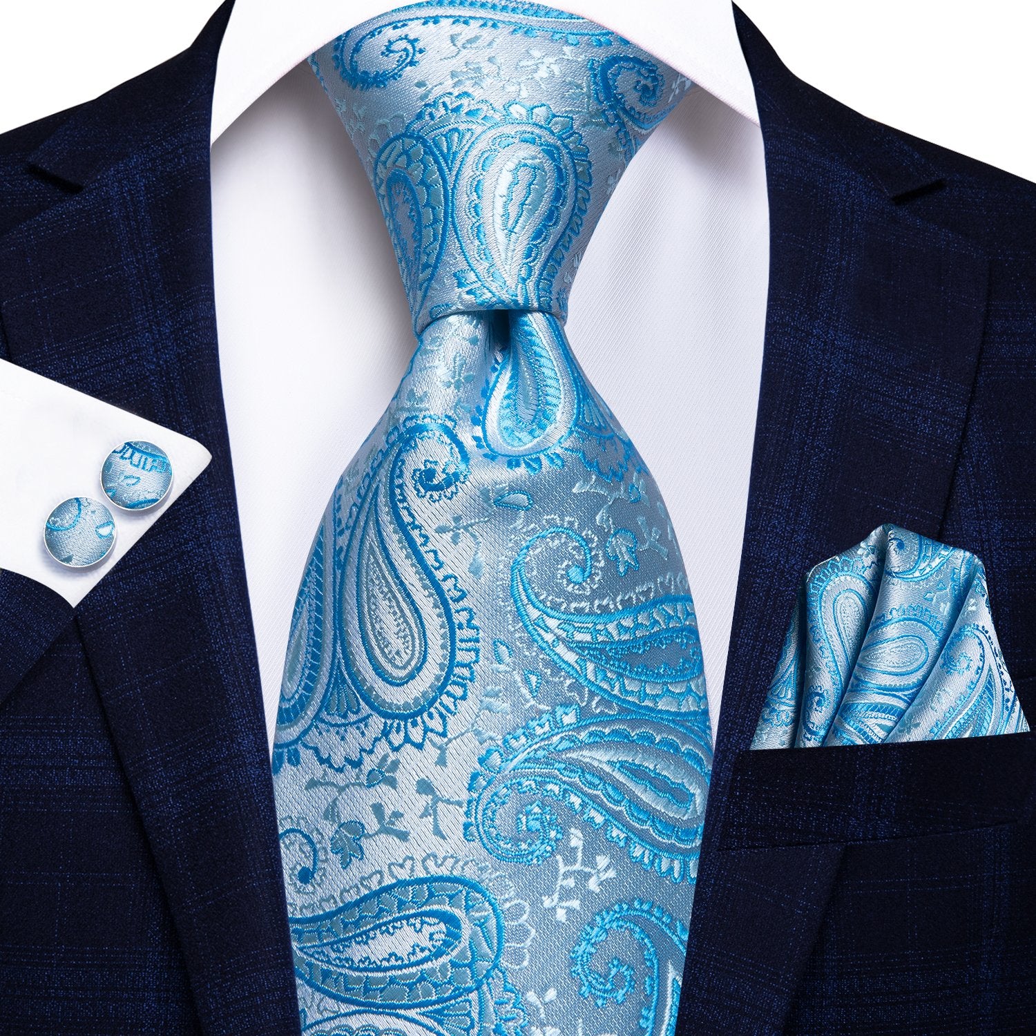 Sky-blue Paisley Tie Handkerchief Cufflinks Set with Wedding Brooch