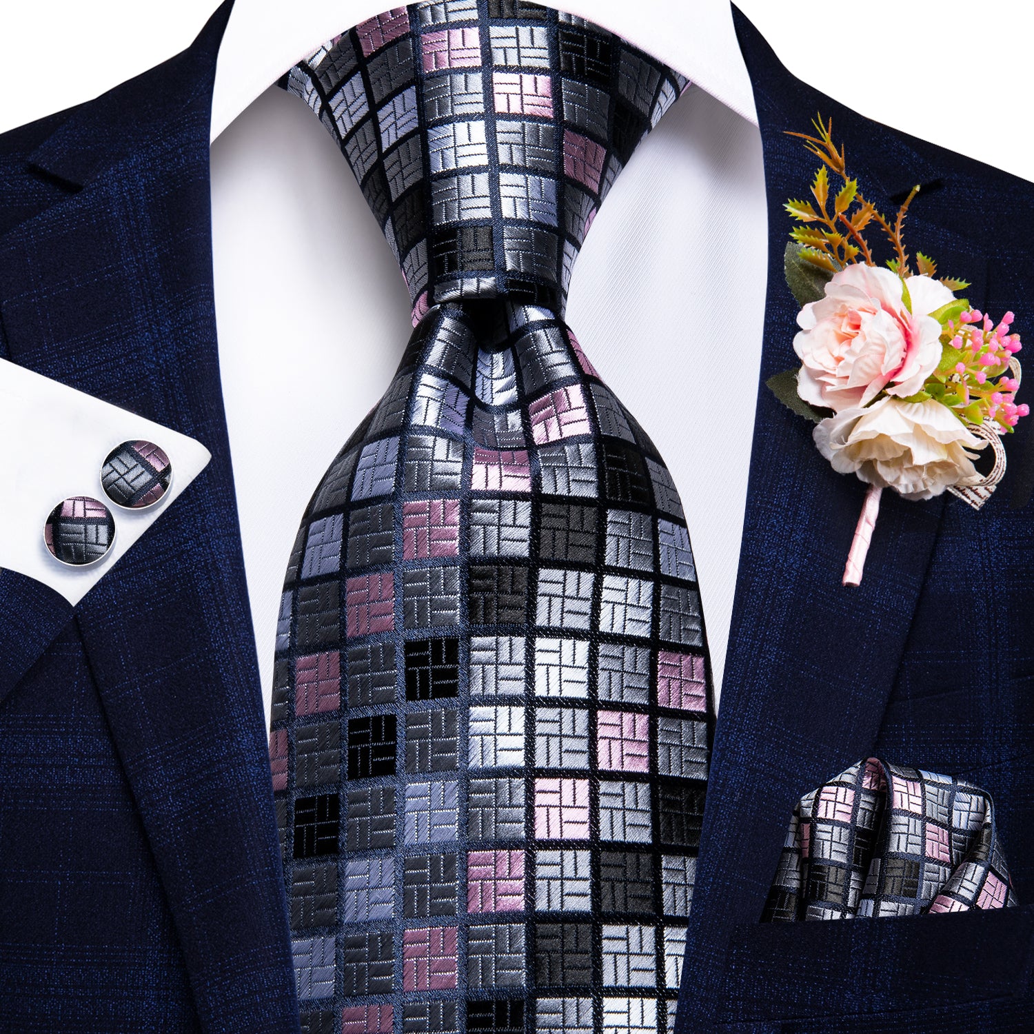 Pink Grey Plaid Tie Handkerchief Cufflinks Set with Wedding Brooch