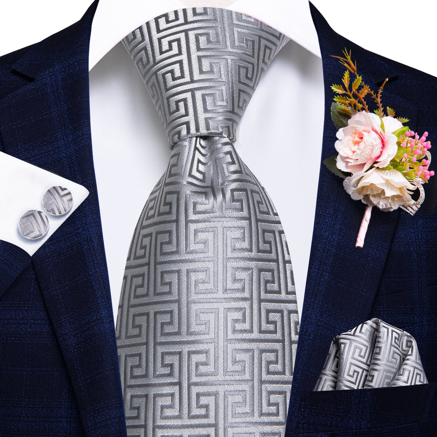 Novelty Silver Tie  Handkerchief Cufflinks Set with Wedding Brooch