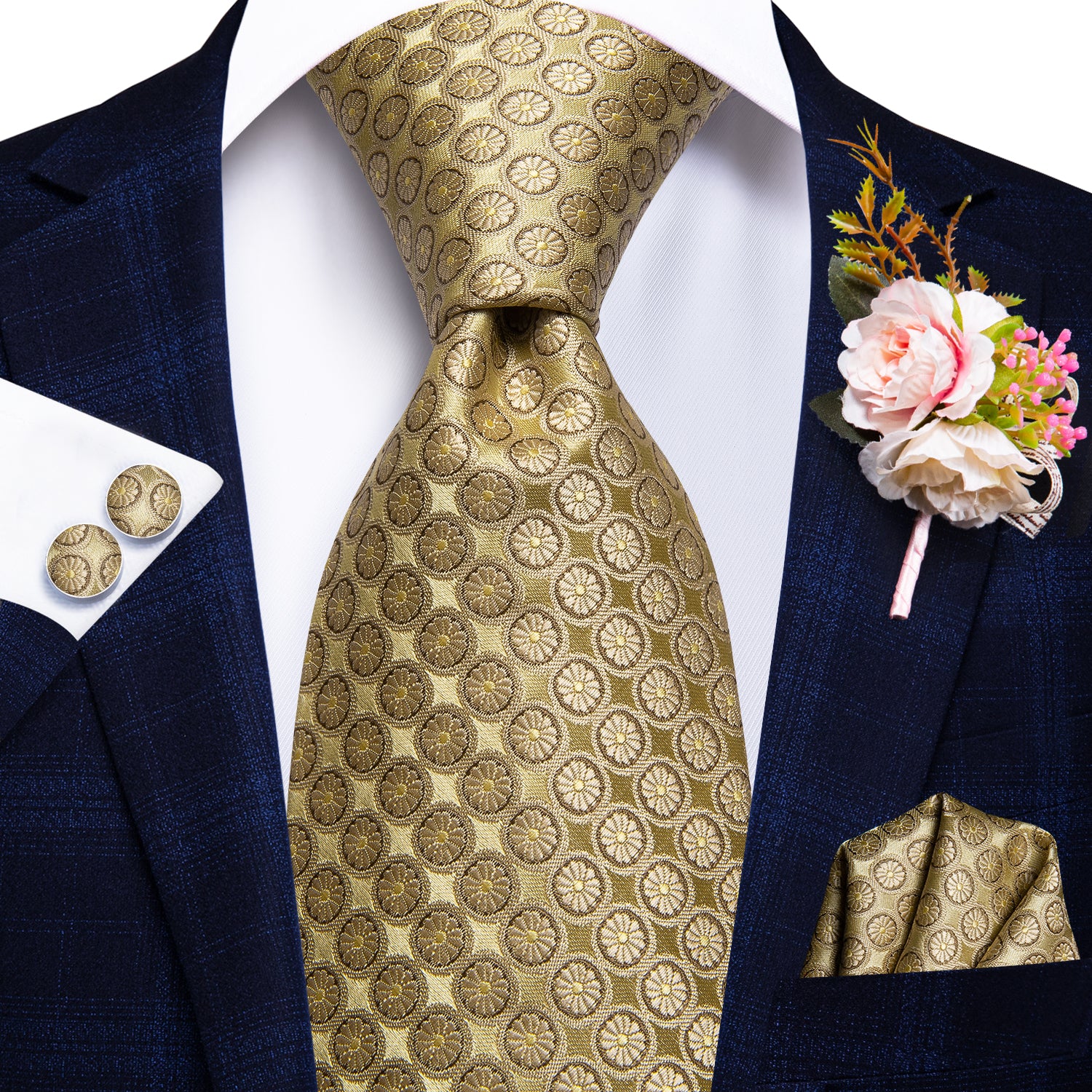 Golden Floral Tie Handkerchief Cufflinks Set with Wedding Brooch