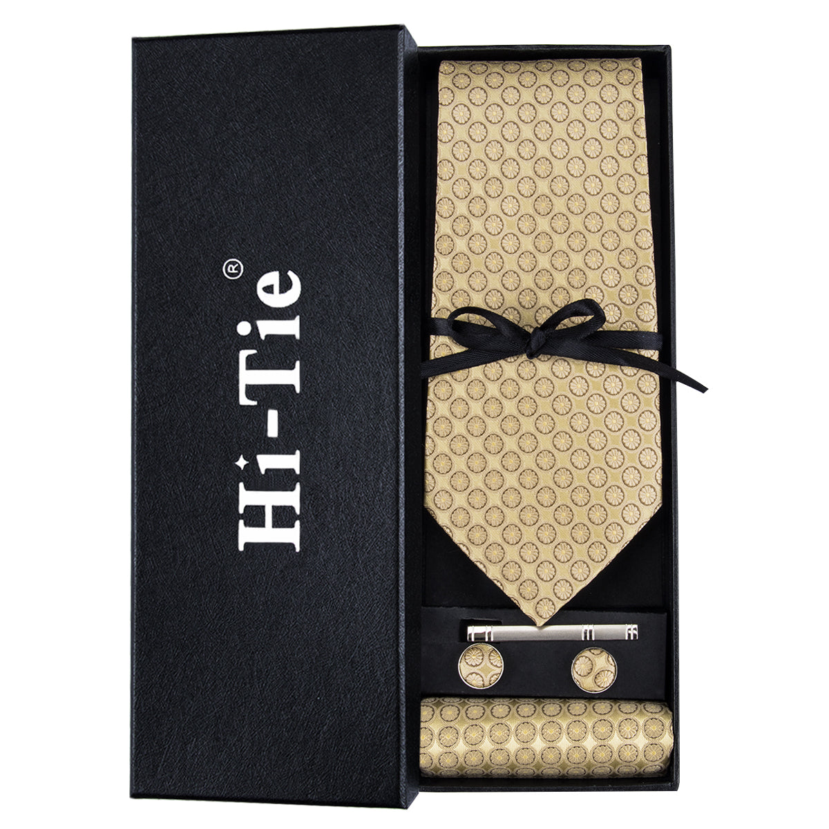 Golden Floral Silk Men's Tie Pocket Square Cufflinks Set Gift Box Set