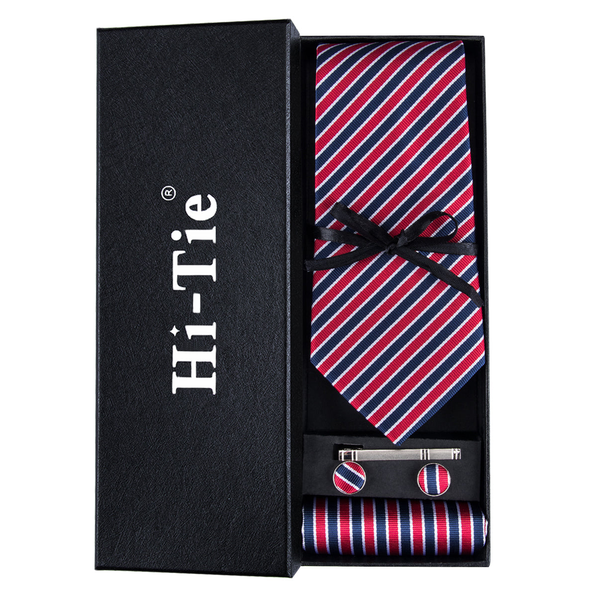 Classic Blue Red Striped Silk Men's Tie Pocket Square Cufflinks Gift Box Set