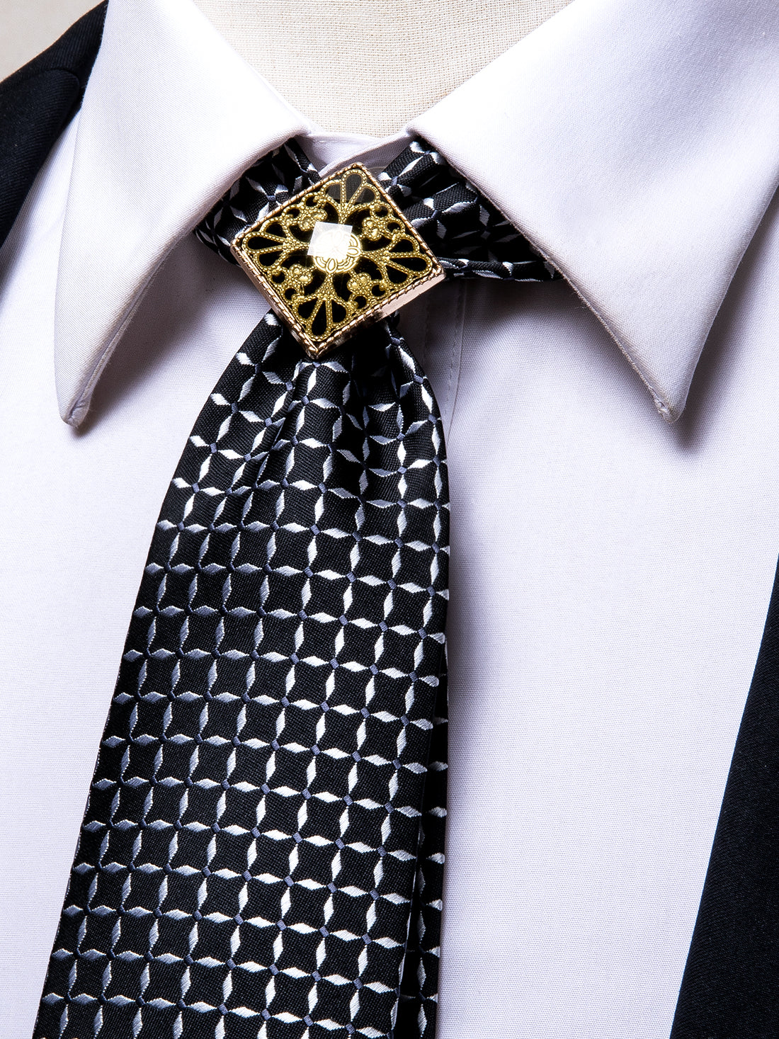 Black White Plaid Poirot Tie Ring Pocket Square Cufflinks Set