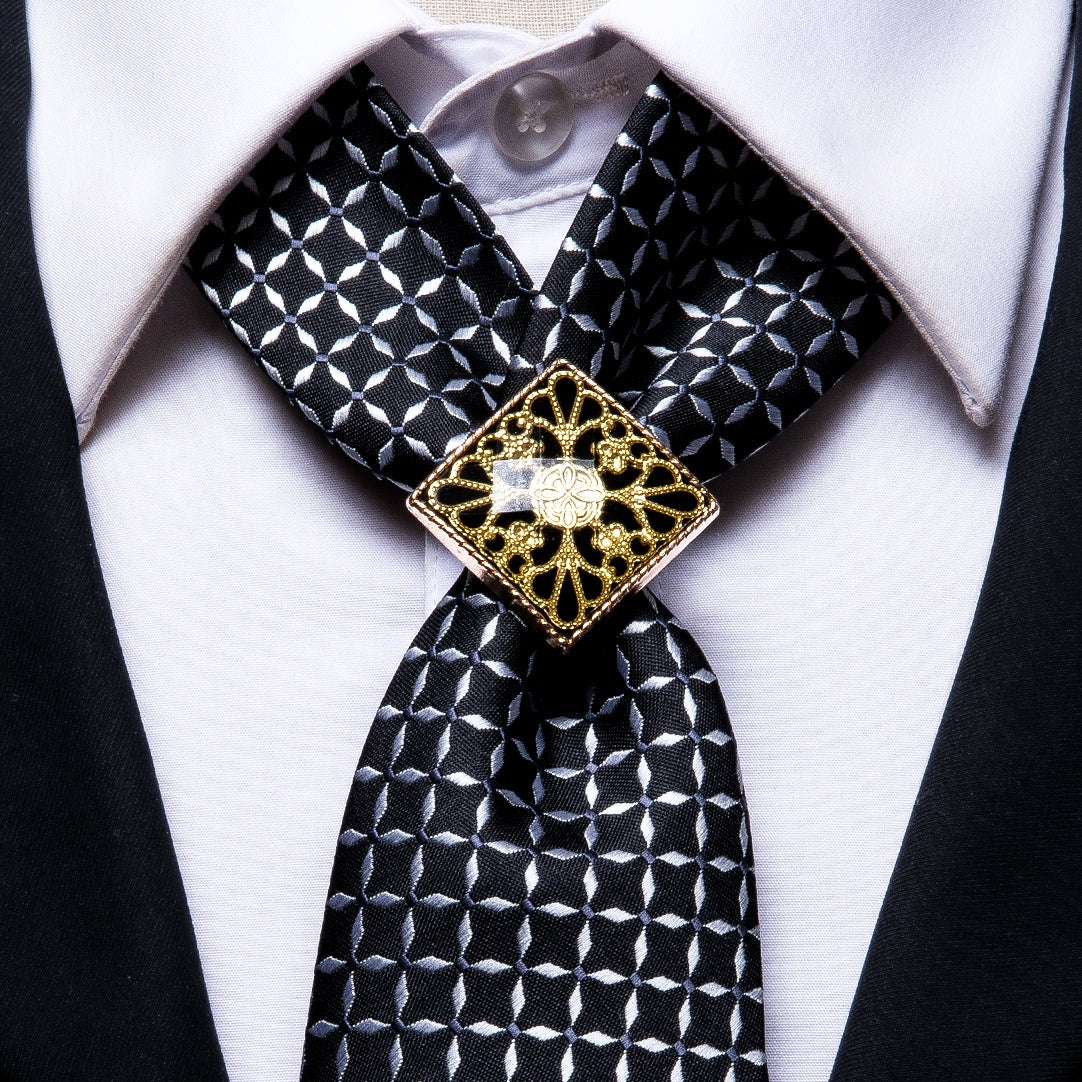 Black White Plaid Poirot Tie Ring Pocket Square Cufflinks Set