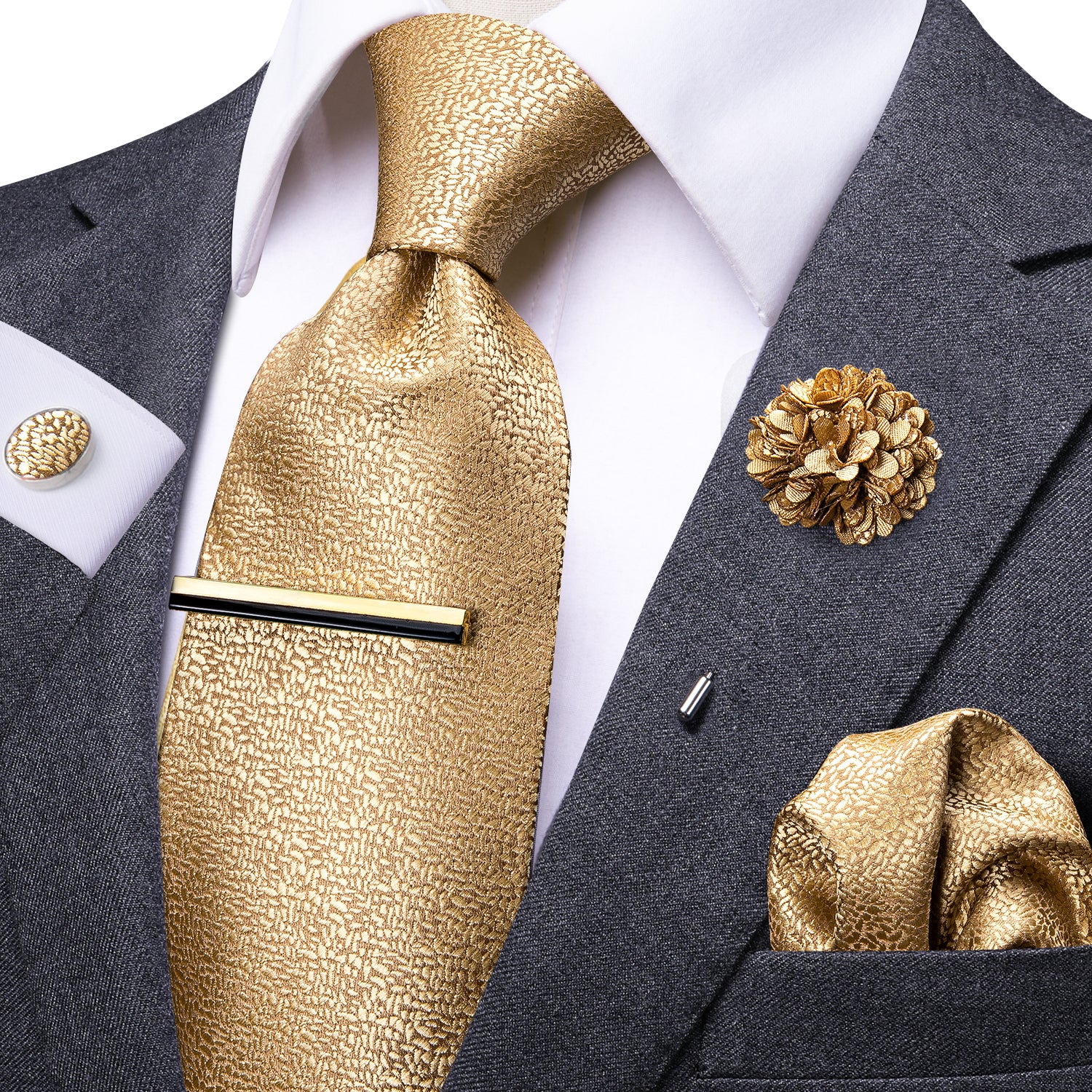Champagne Golden Solid Men's Tie Pocket Square Cufflinks Set with Brooch