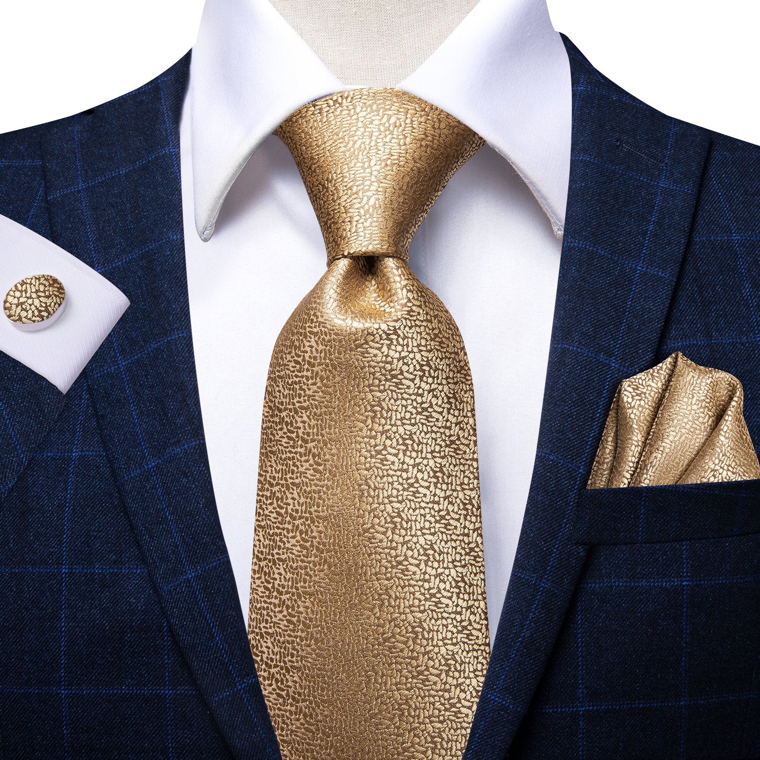 Champagne Golden Solid Tie Handkerchief Cufflinks Set with Wedding Brooch