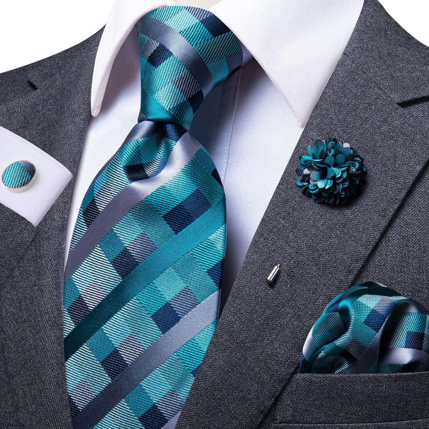 Beautiful Plaid Necktie Pocket Square Cufflinks Set with Brooch