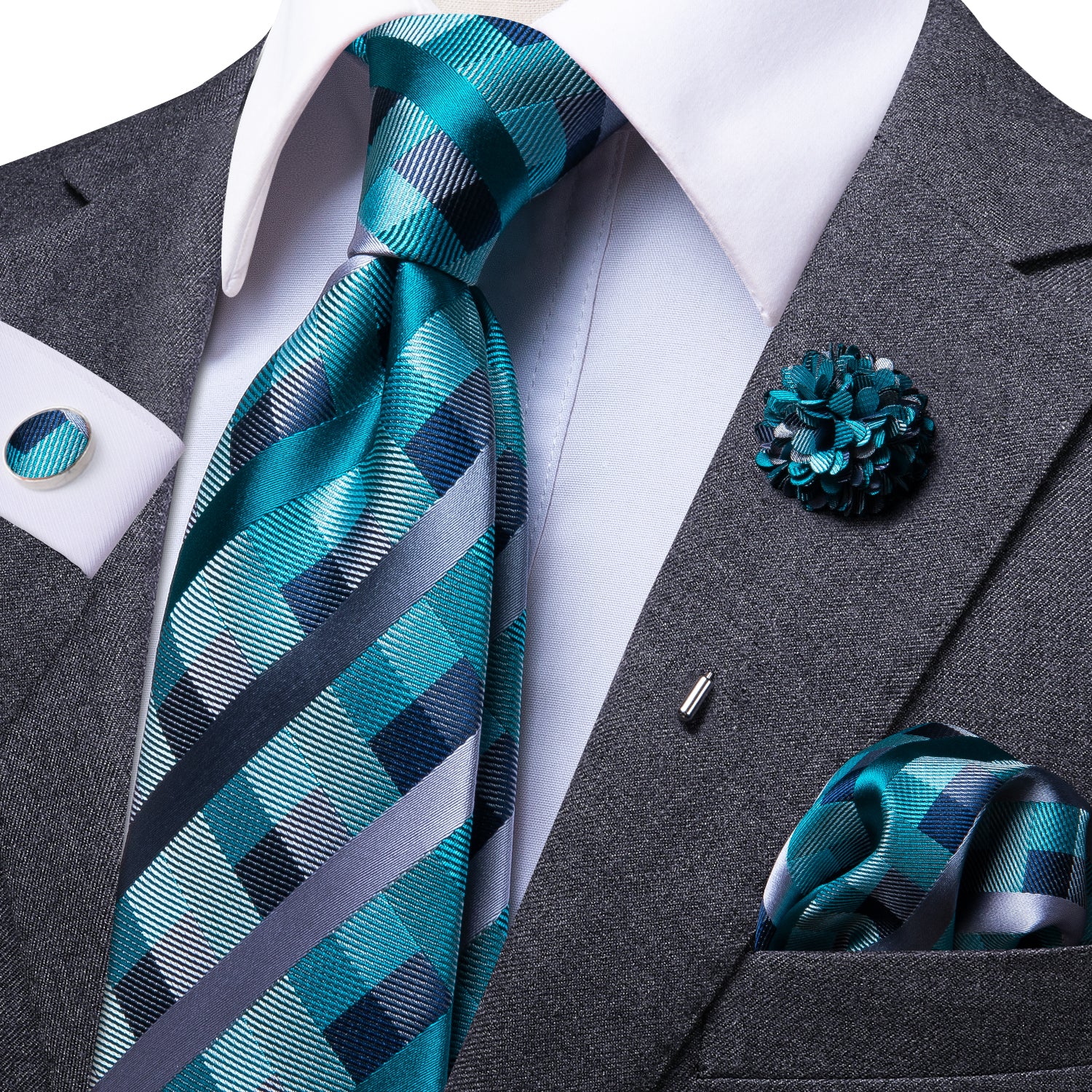 Beautiful Blue Plaid Necktie Pocket Square Cufflinks Set with Brooch