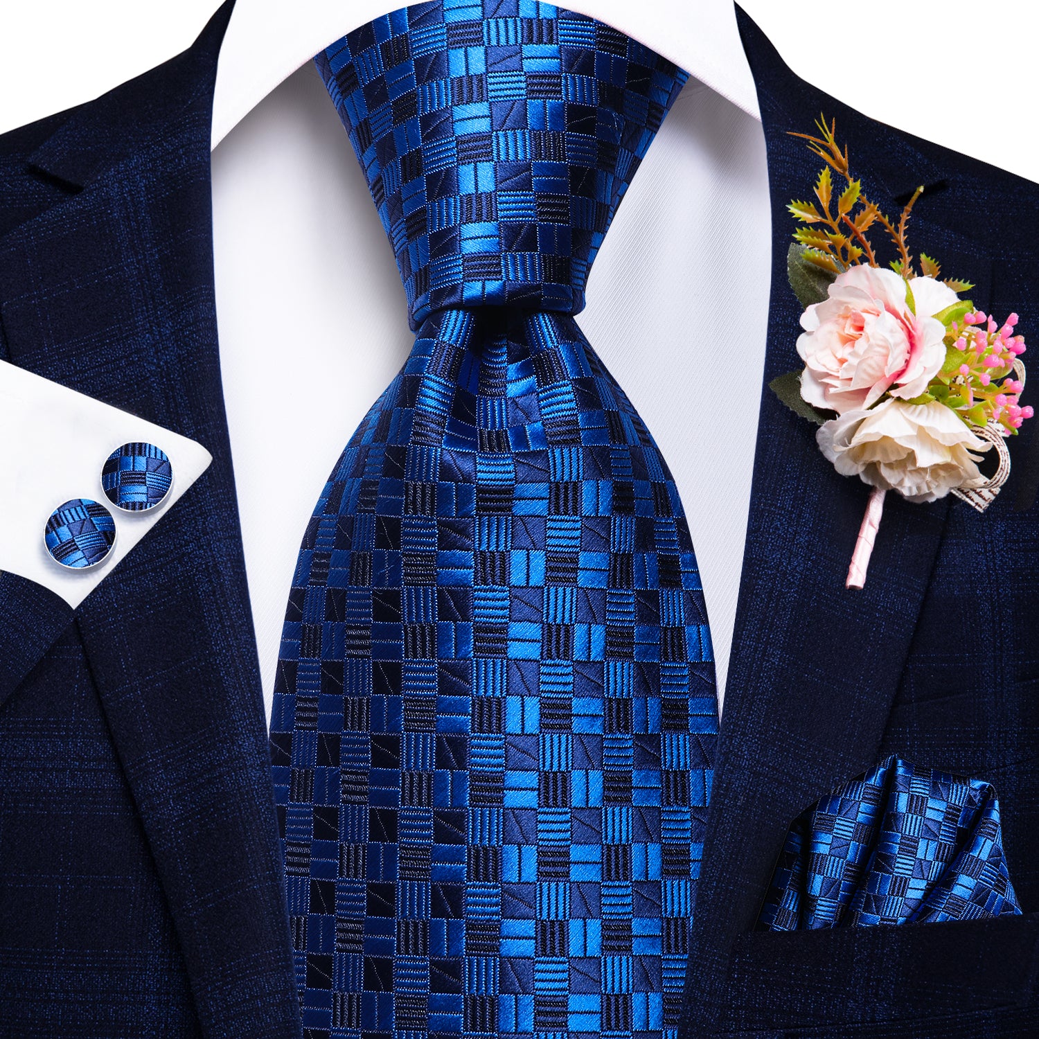 Navy Blue Checked Tie Handkerchief Cufflinks Set with Wedding Brooch