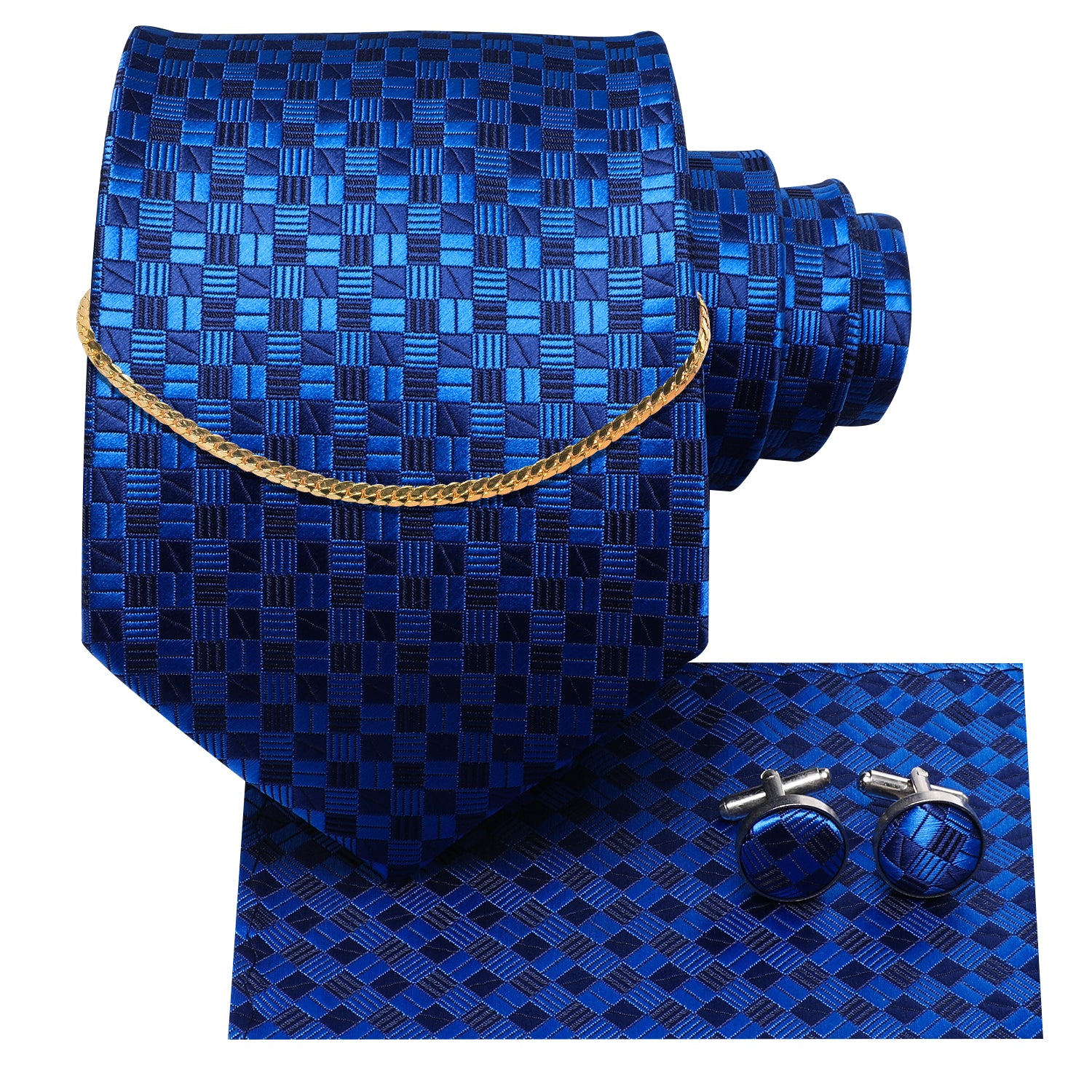 Navy Blue Checked Tie Pocket Square Cufflinks Set With Golden Chain