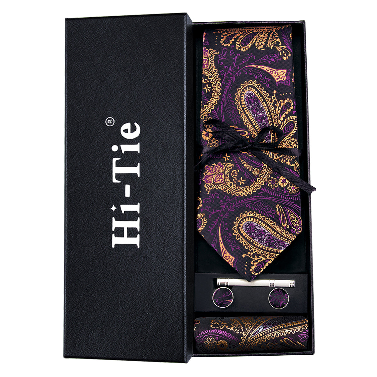 Purple Paisley Silk Men's Tie Pocket Square Cufflinks Set Gift Box Set