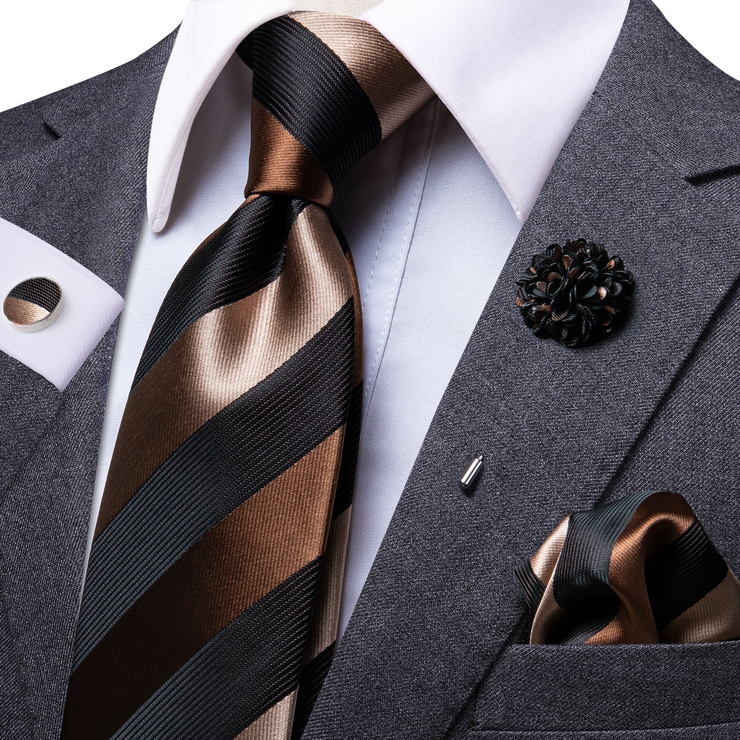 Brown Black Striped Silk Tie Pocket Square Cufflinks Set