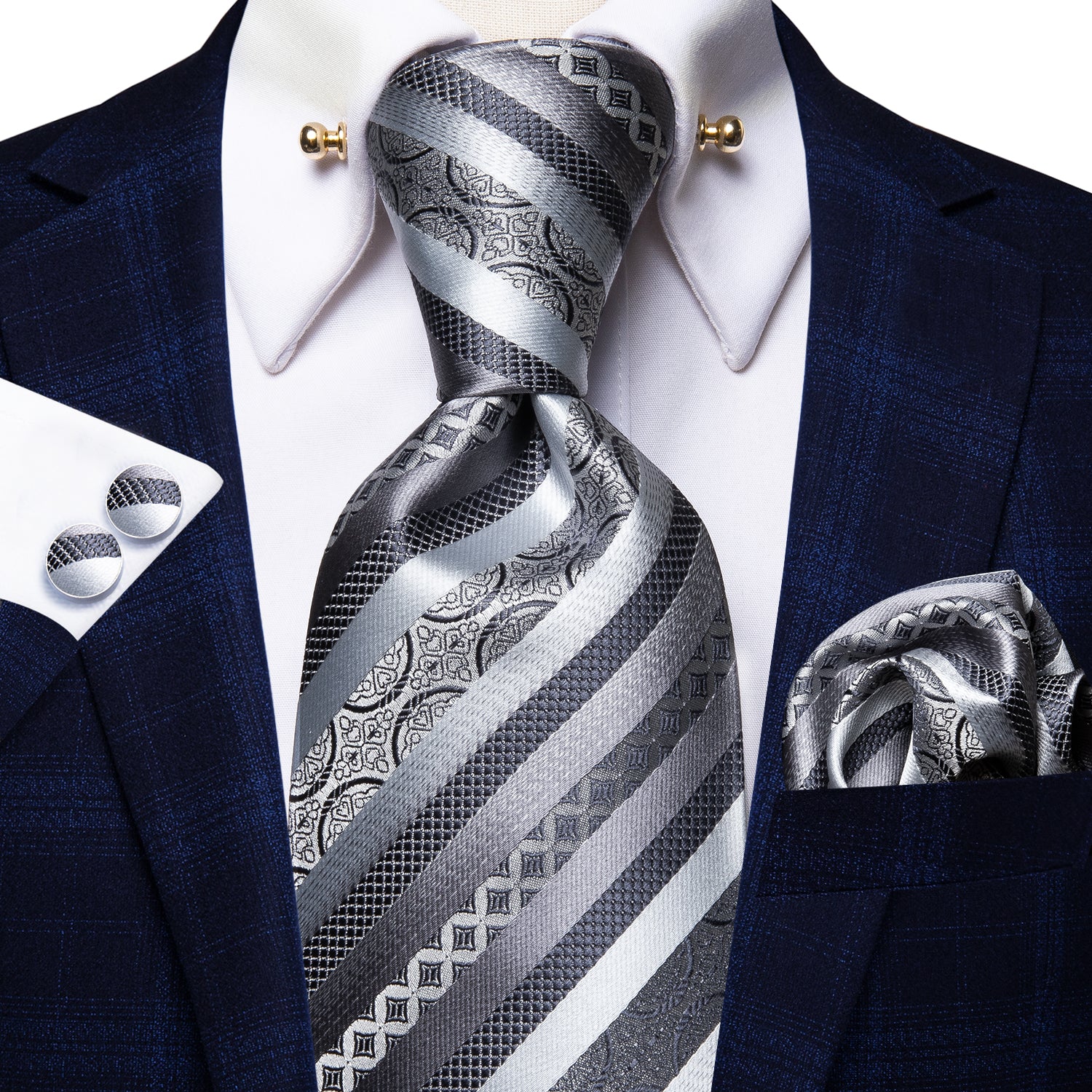 Silver Grey Novelty Striped Silk Tie Hanky Cufflinks Set with Collar Pin