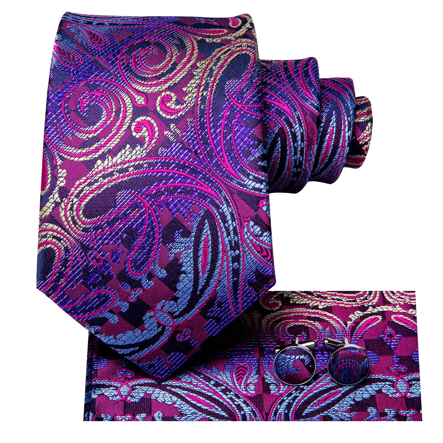 Blue Purple Paisley Tie Handkerchief Cufflinks Set with Wedding Brooch