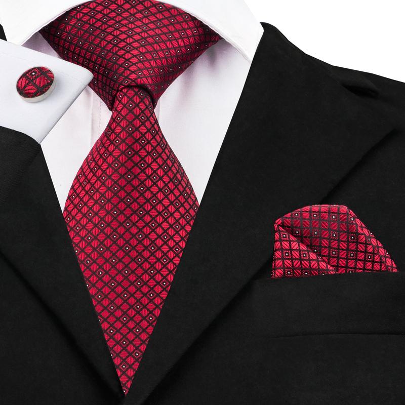 Red Plaid Silk 63 Inches Extra Long Men's Tie Pocket Square Cufflinks Set