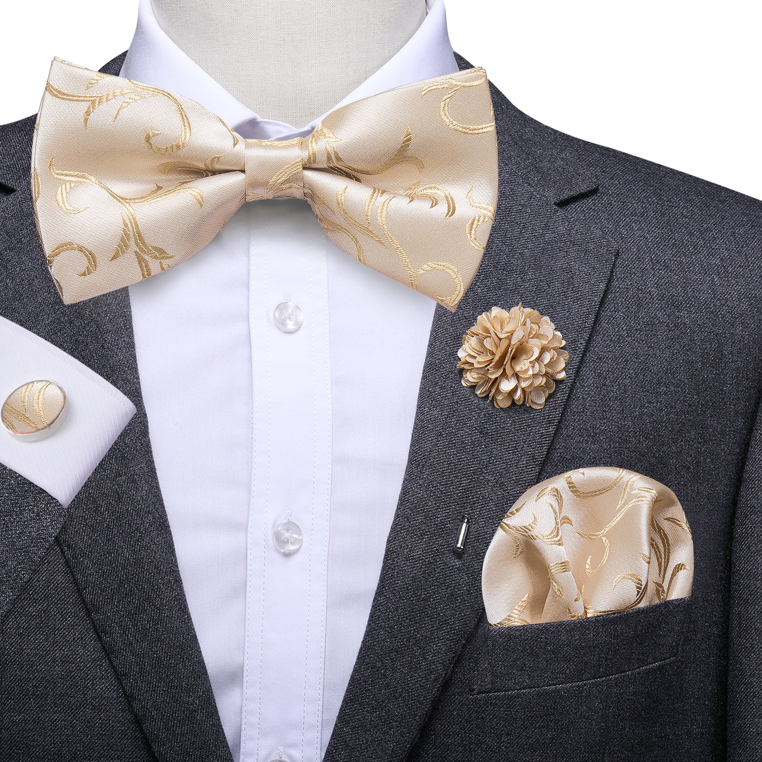Champagne Beige White Floral Pre-tied Bow Tie Hanky Cufflinks Pin Set