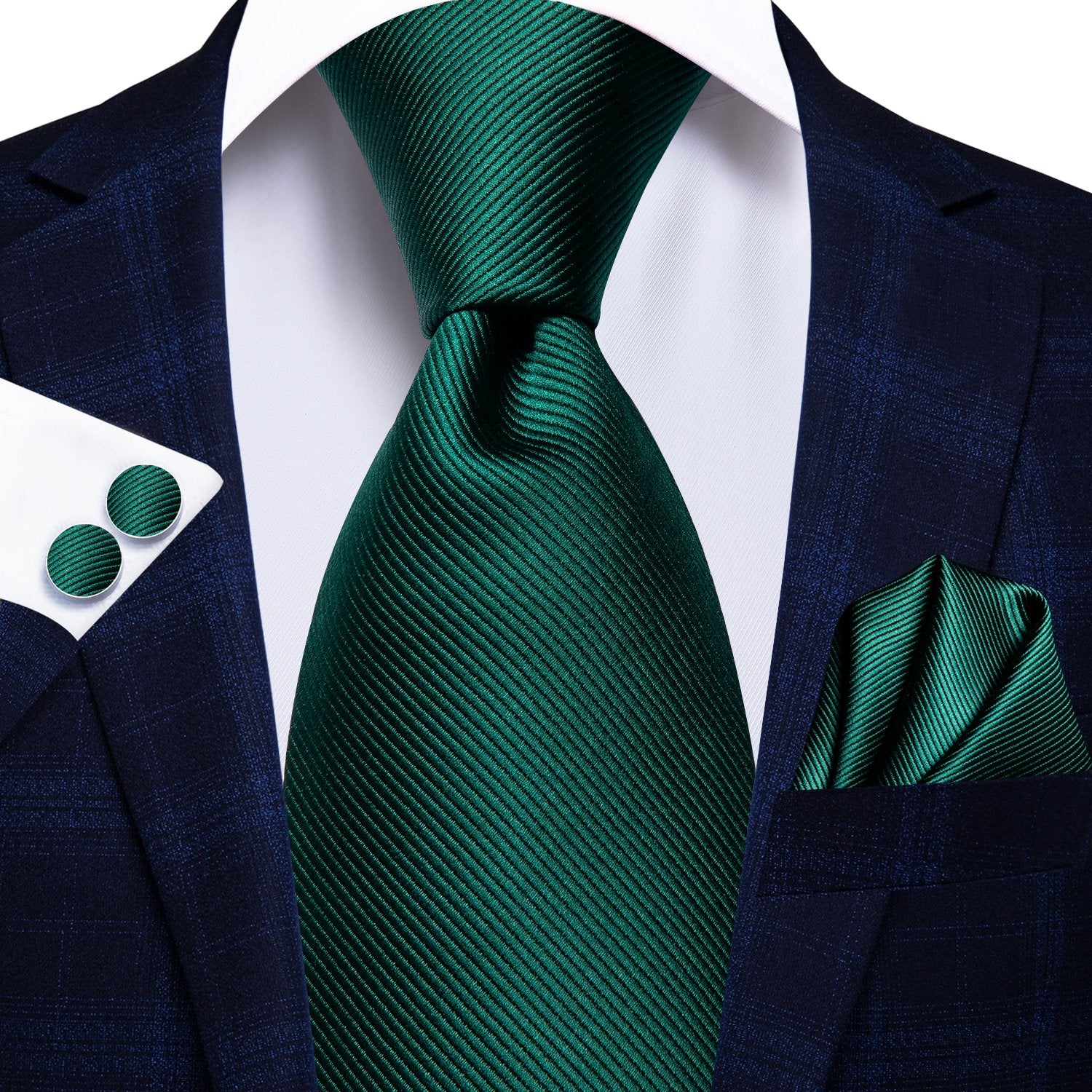 Green Solid Tie Handkerchief Cufflinks Set with Wedding Brooch