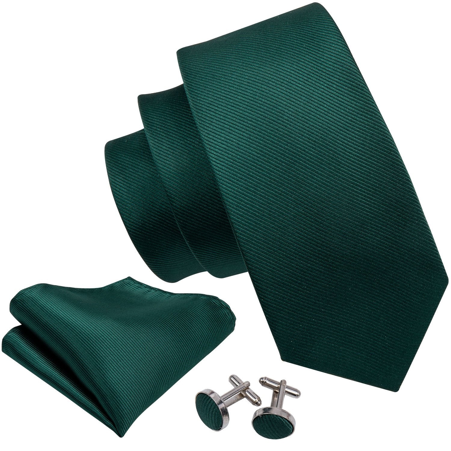 Solid Green Tie Handkerchief Cufflinks Set with Brooch