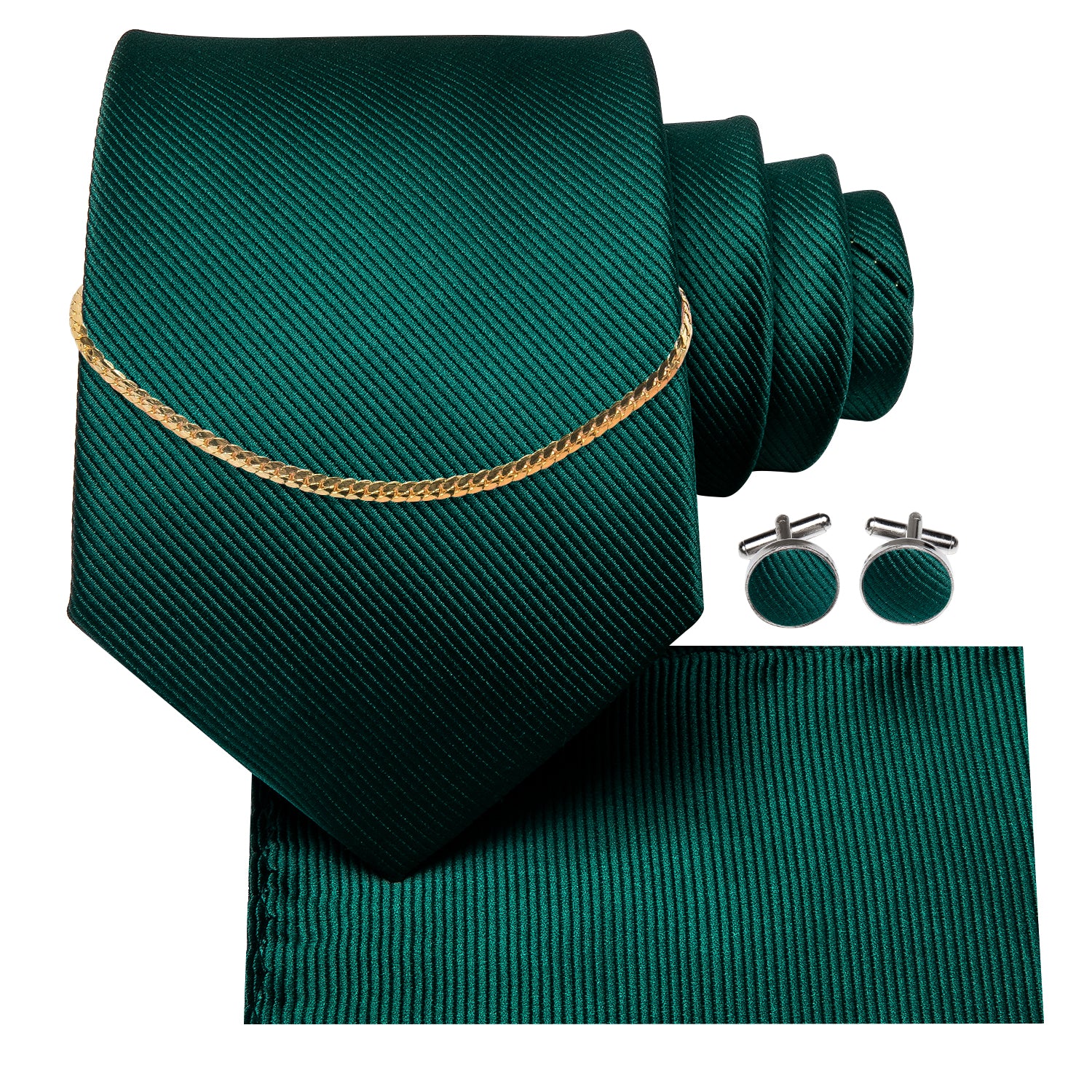 Solid Green Tie Handkerchief Cufflinks Set With Golden Chain