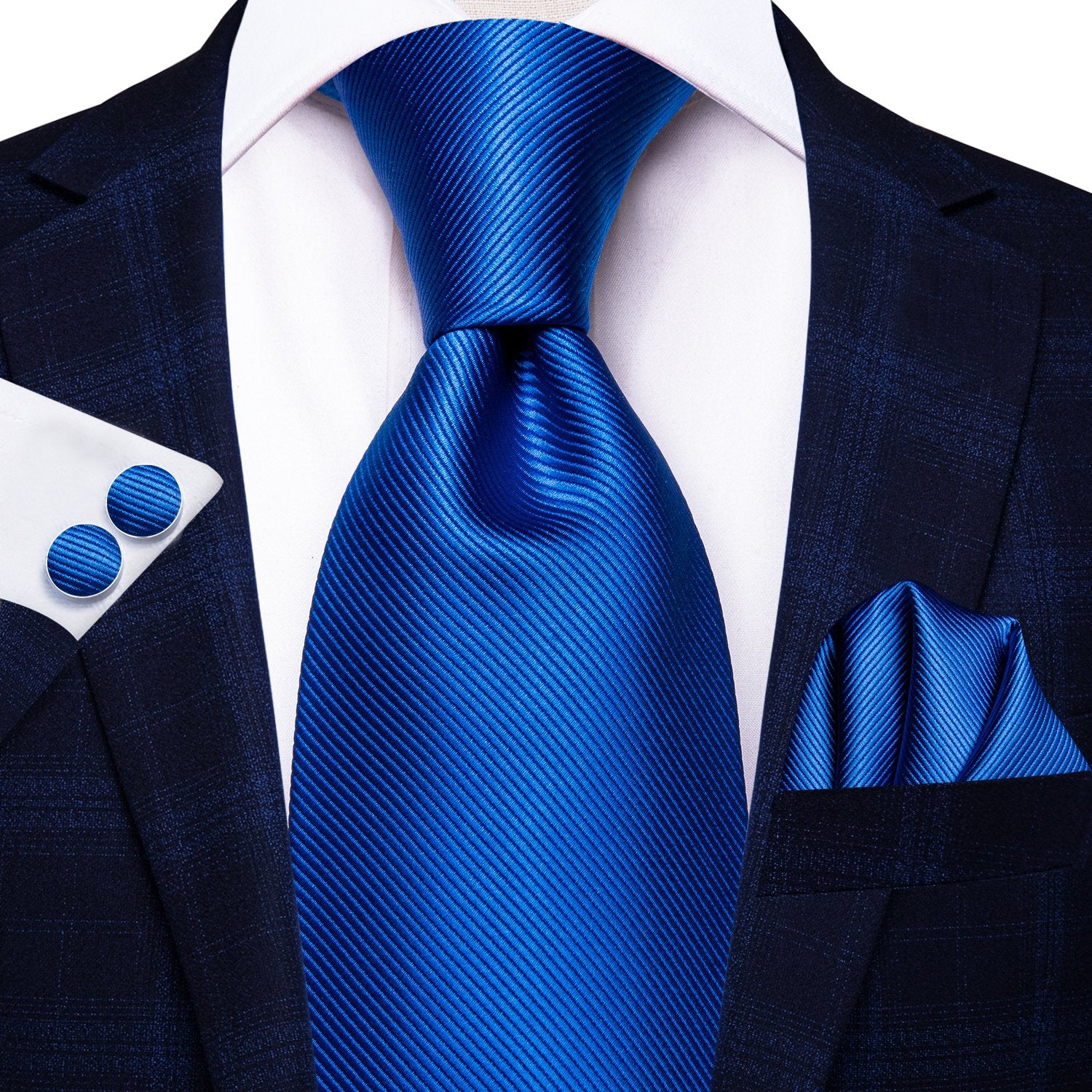 Blue Solid Tie Handkerchief Cufflinks Set with Wedding Brooch
