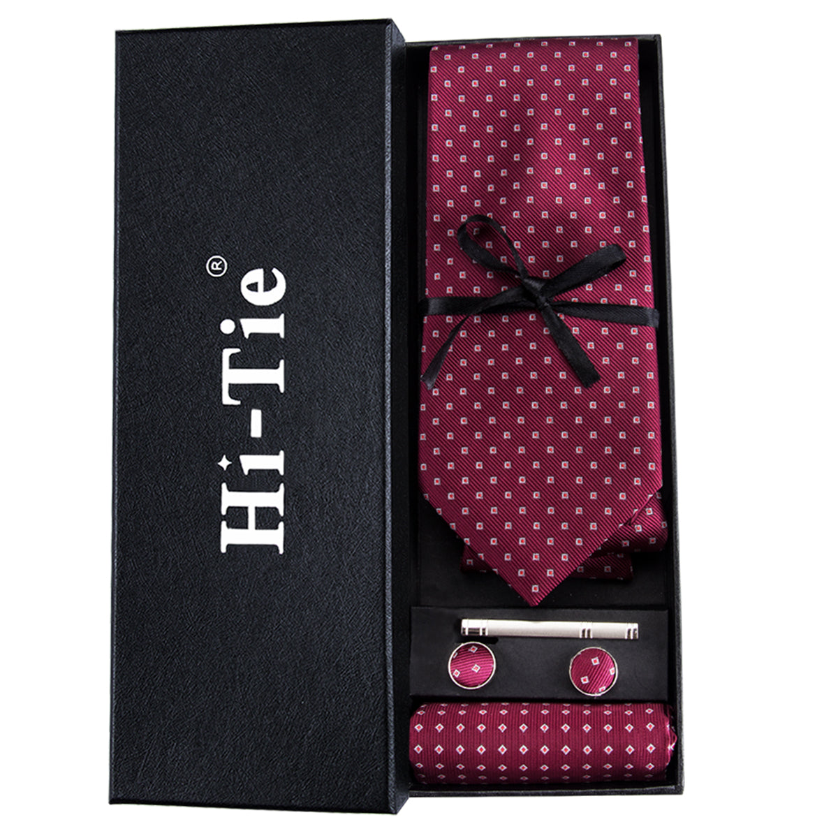 Dark Red Polka Dot Men's Tie Pocket Square Cufflinks Set Gift Box Set