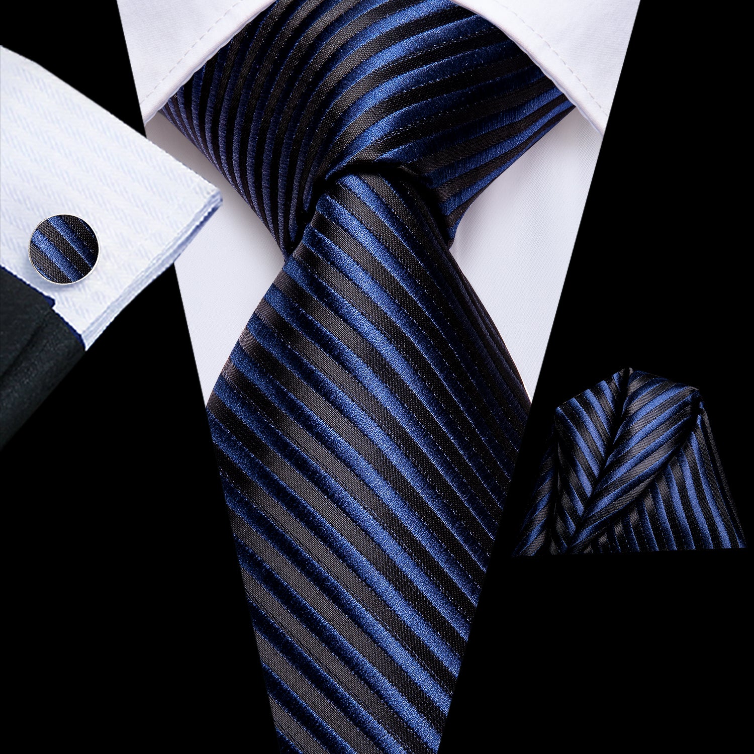 Black Blue Striped Silk Tie Pocket Square Cufflinks Set