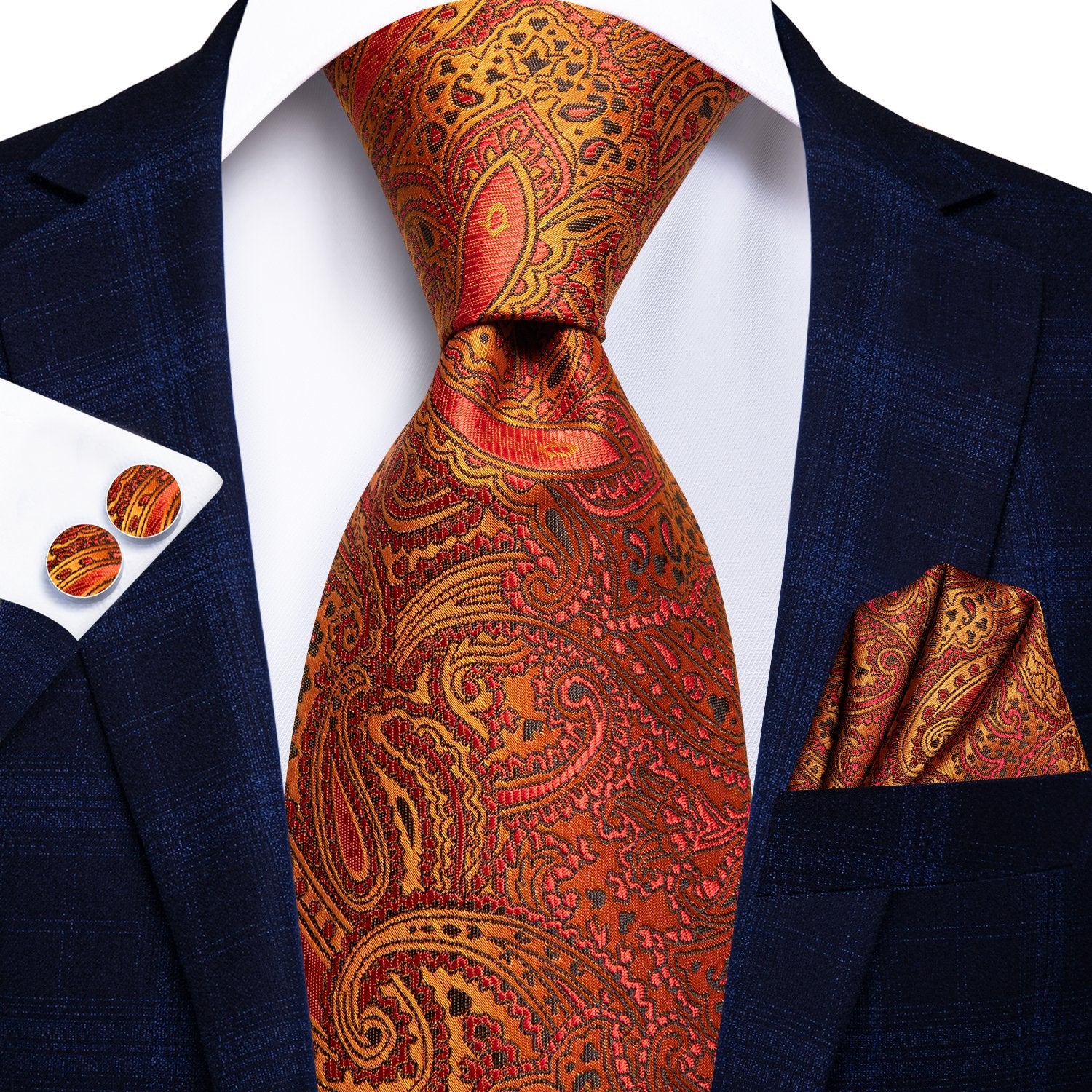Orange Paisley Tie Handkerchief Cufflinks Set with Wedding Brooch