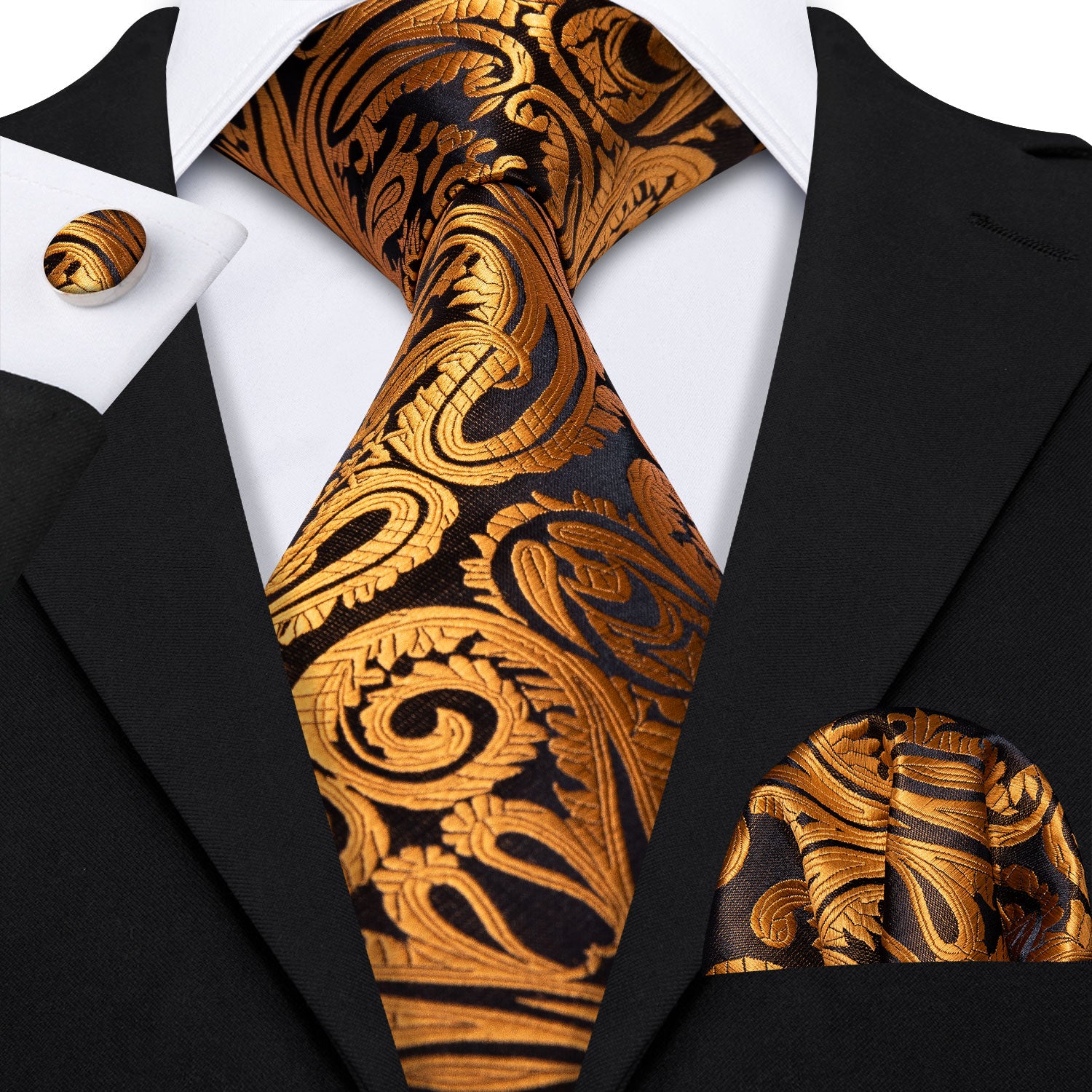 Gold Paisley Tie Handkerchief Cufflinks Set