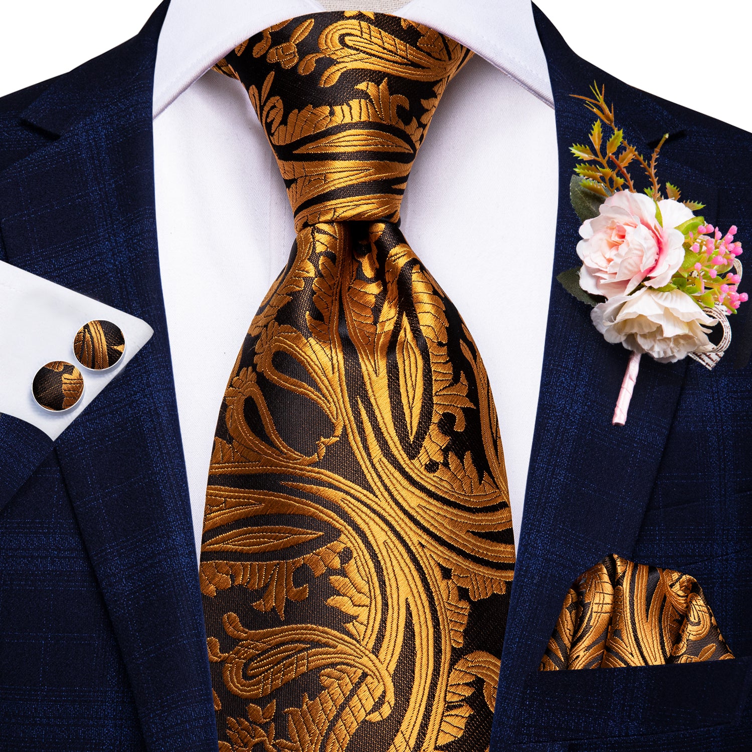 Gold Paisley Tie Handkerchief Cufflinks Set with Wedding Brooch