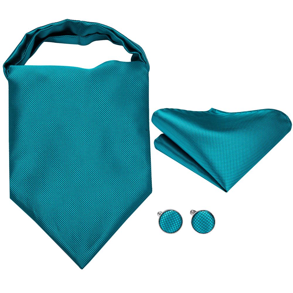 Jade Blue Silk Ascot Tie Pocket Square Cufflinks Set