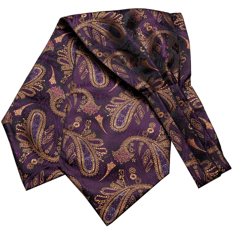 Purple Paisley Classic Silk Ascot Tie Pocket Square Cufflinks Set