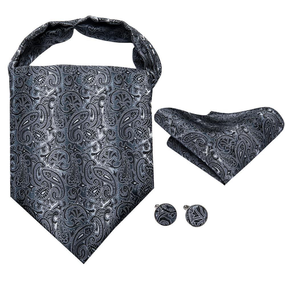 Black Grey Paisley Ascot Pocket Square Cufflinks Set