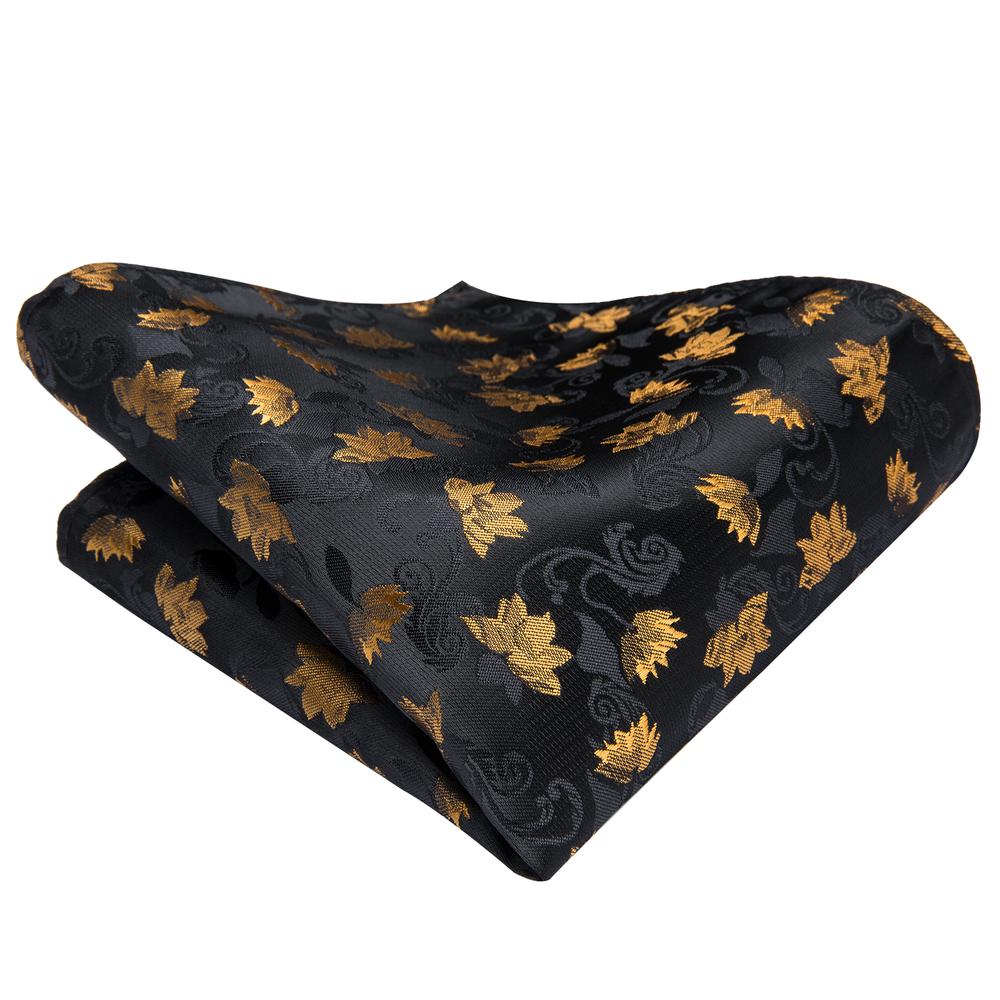 Black Gold Floral Ascot Pocket Square Cufflinks Set