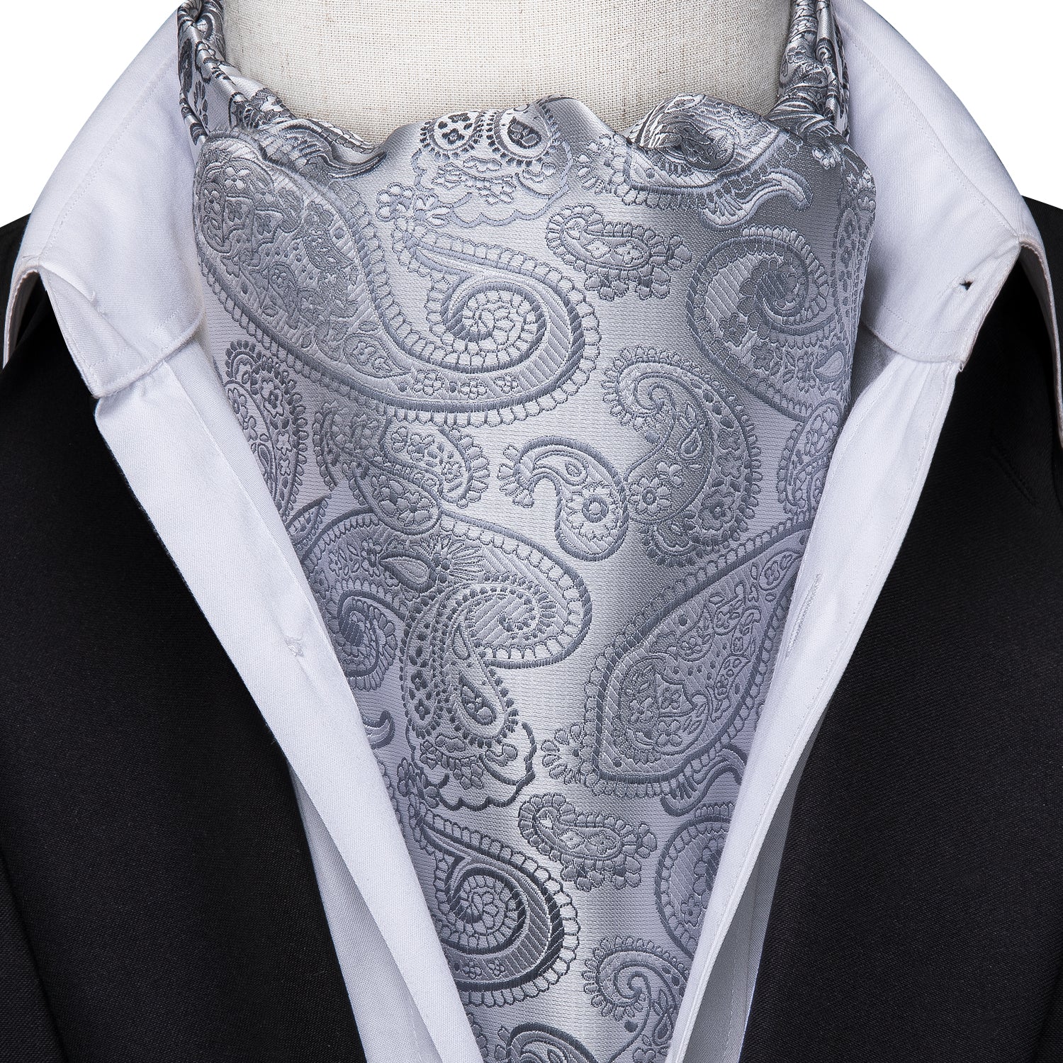 Silver Paisley Silk Ascot Pocket Square Cufflinks Set for Wedding