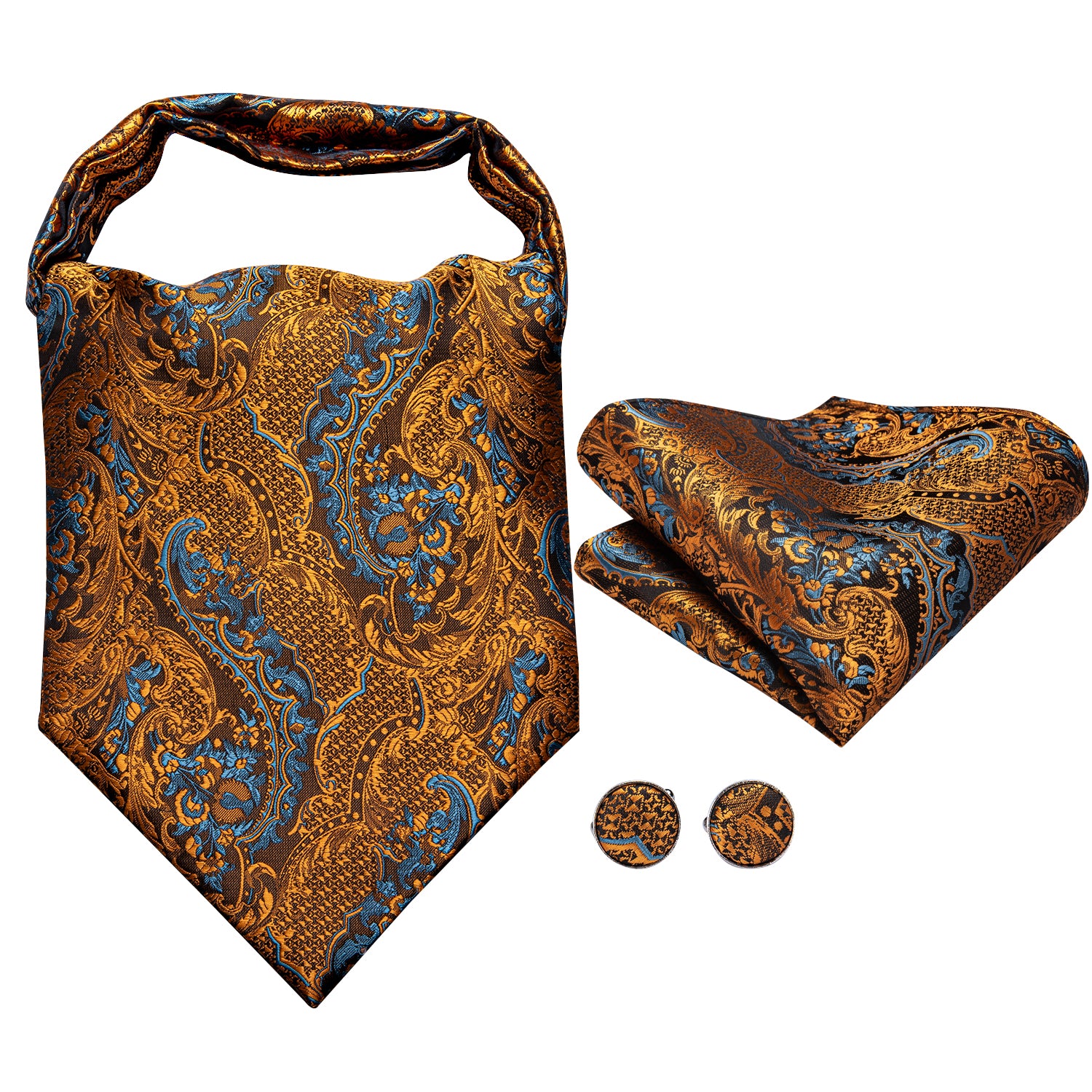 Luxury Gold Paisley Ascot Tie Pocket Square Cufflinks Set