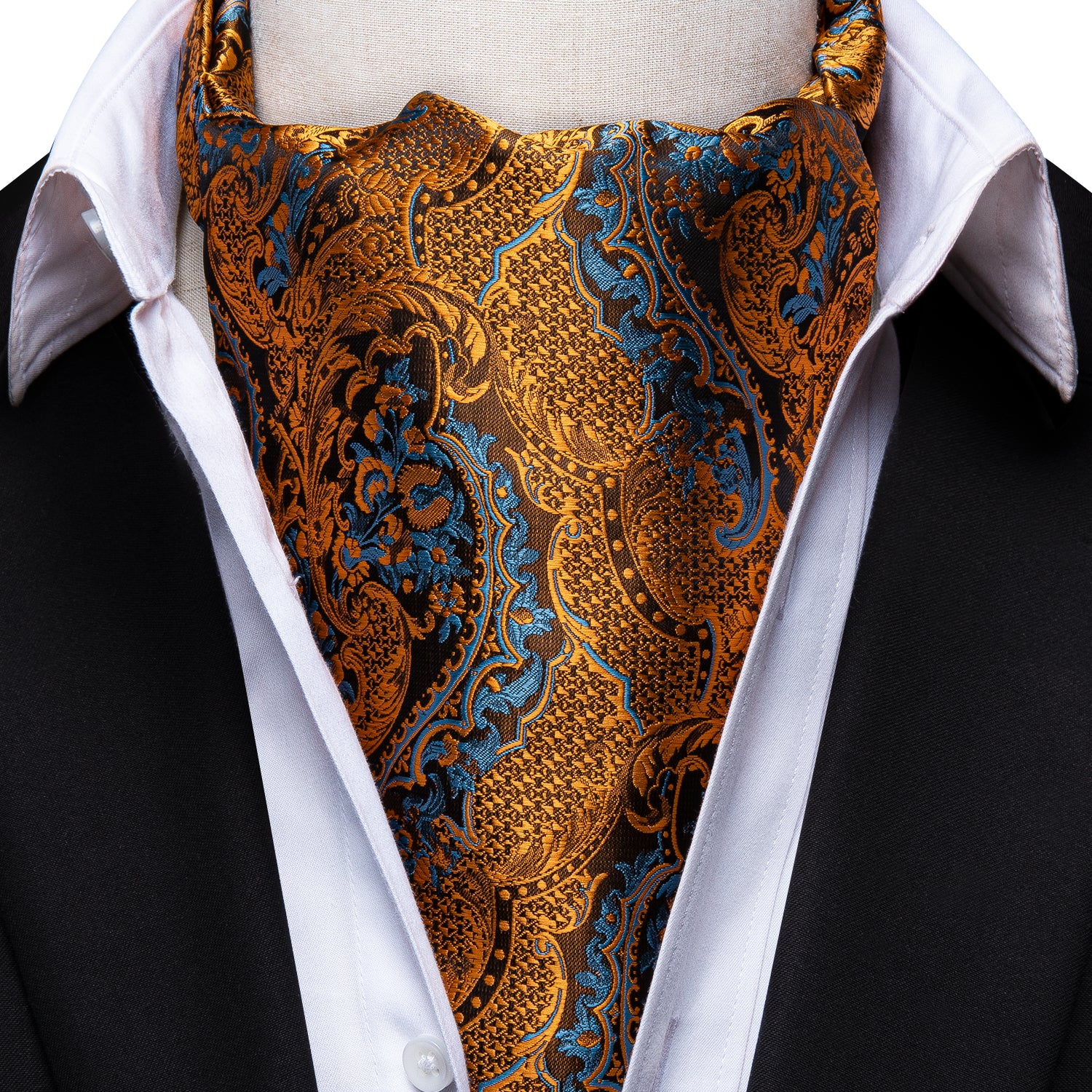 Luxury Gold Paisley Ascot Tie Pocket Square Cufflinks Set