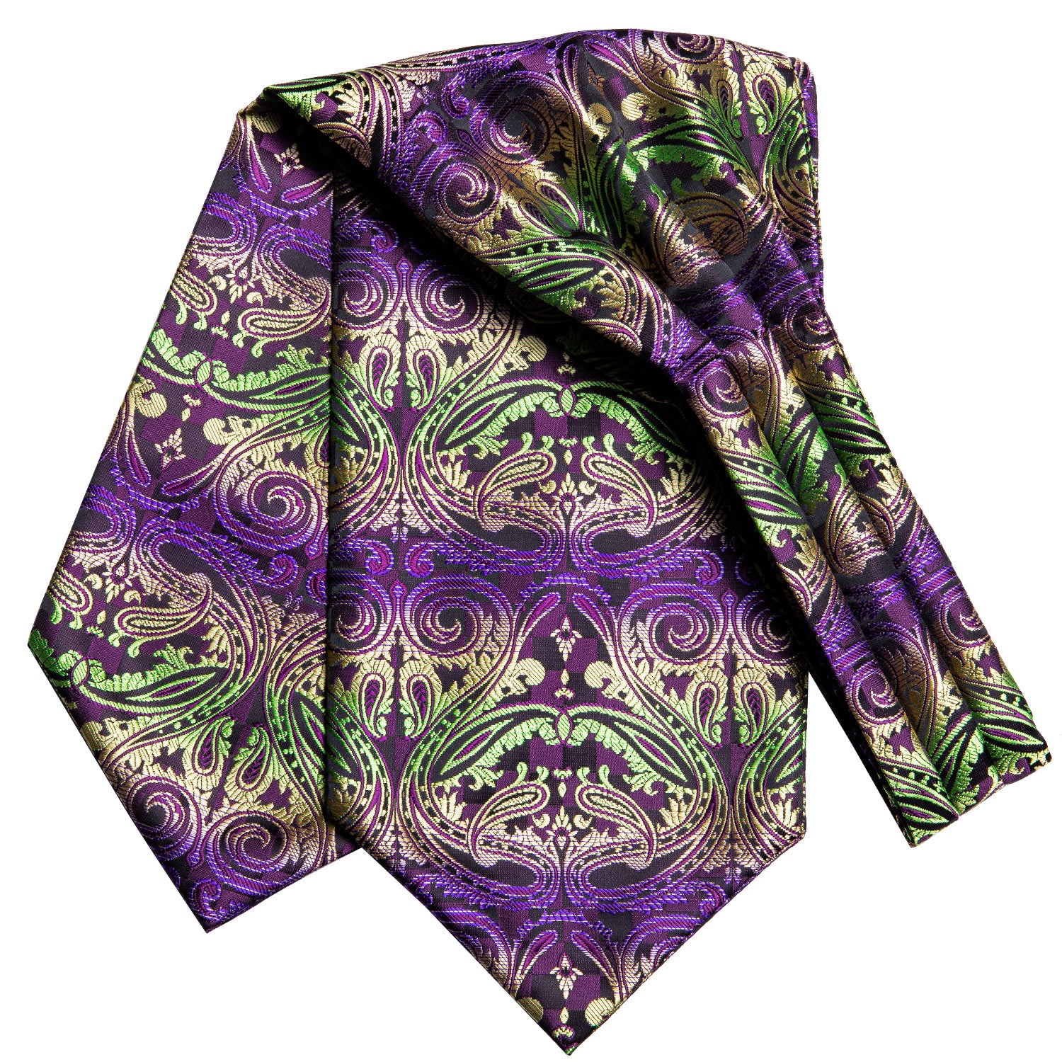 Purple Green Golden Paisley Silk Ascot Pocket Square Cufflinks Set