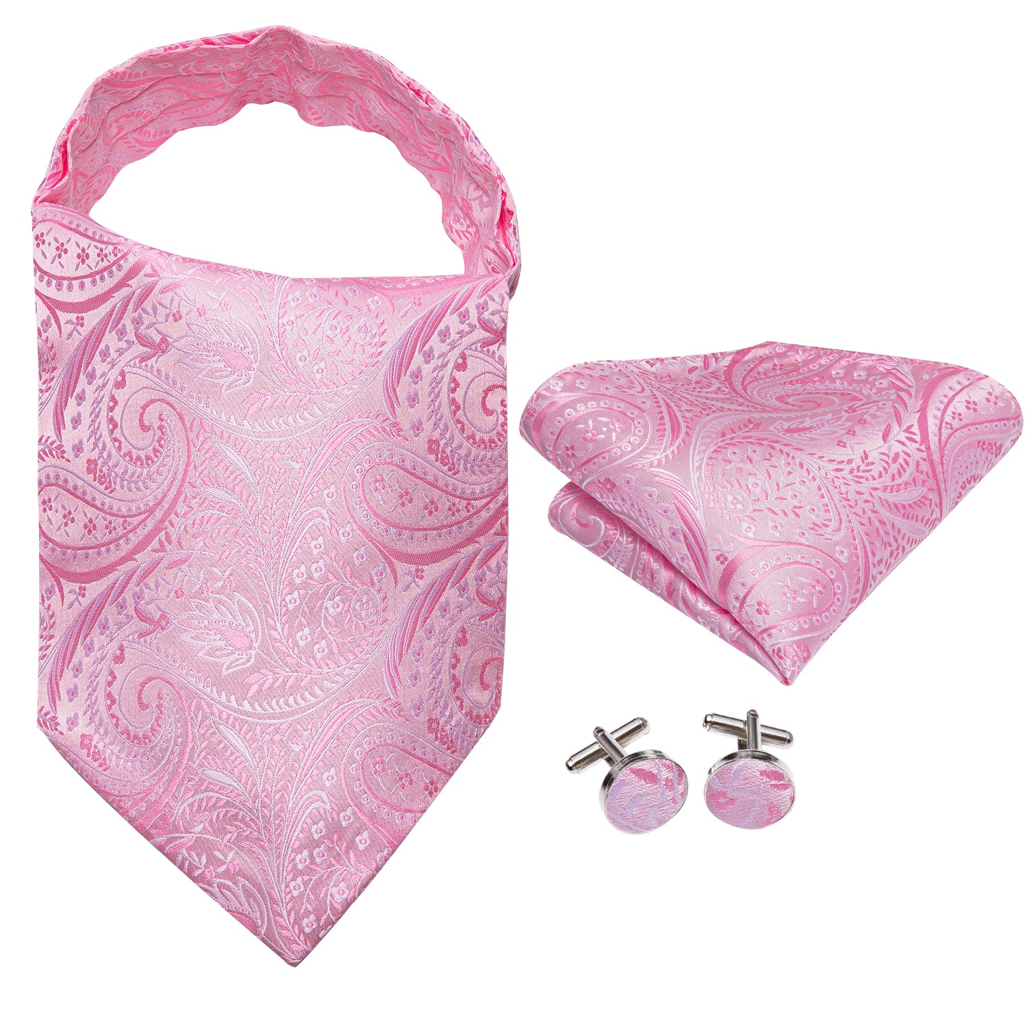 Pink Paisley Silk Ascot Tie Pocket Square Cufflinks Set