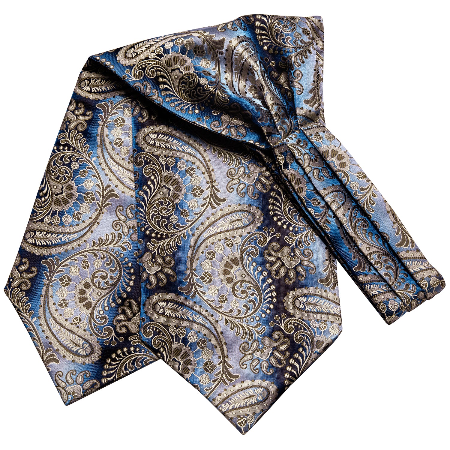 Brown Blue Paisley Silk Ascot Tie Pocket Square Cufflinks Set