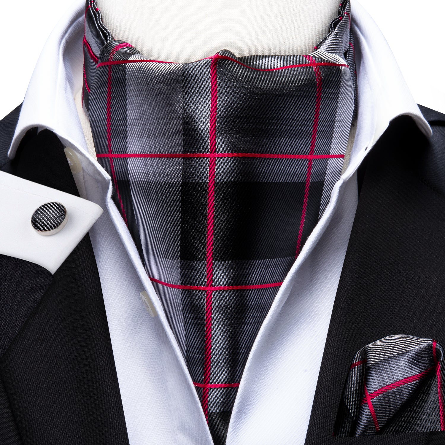 Black Red Plaid Silk Ascot Tie Pocket Square Cufflinks Set