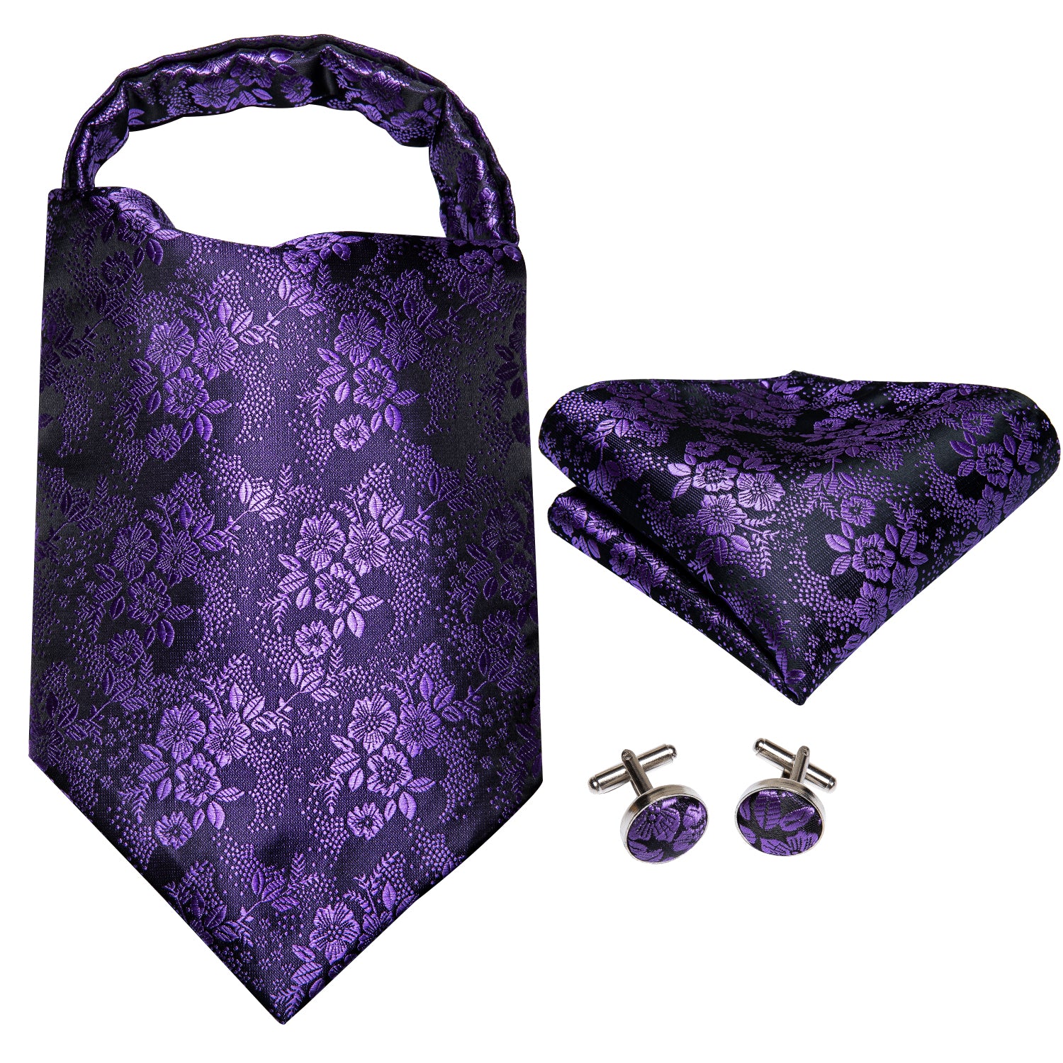 Purple Paisley Silk Ascot Tie Pocket Square Cufflinks Set