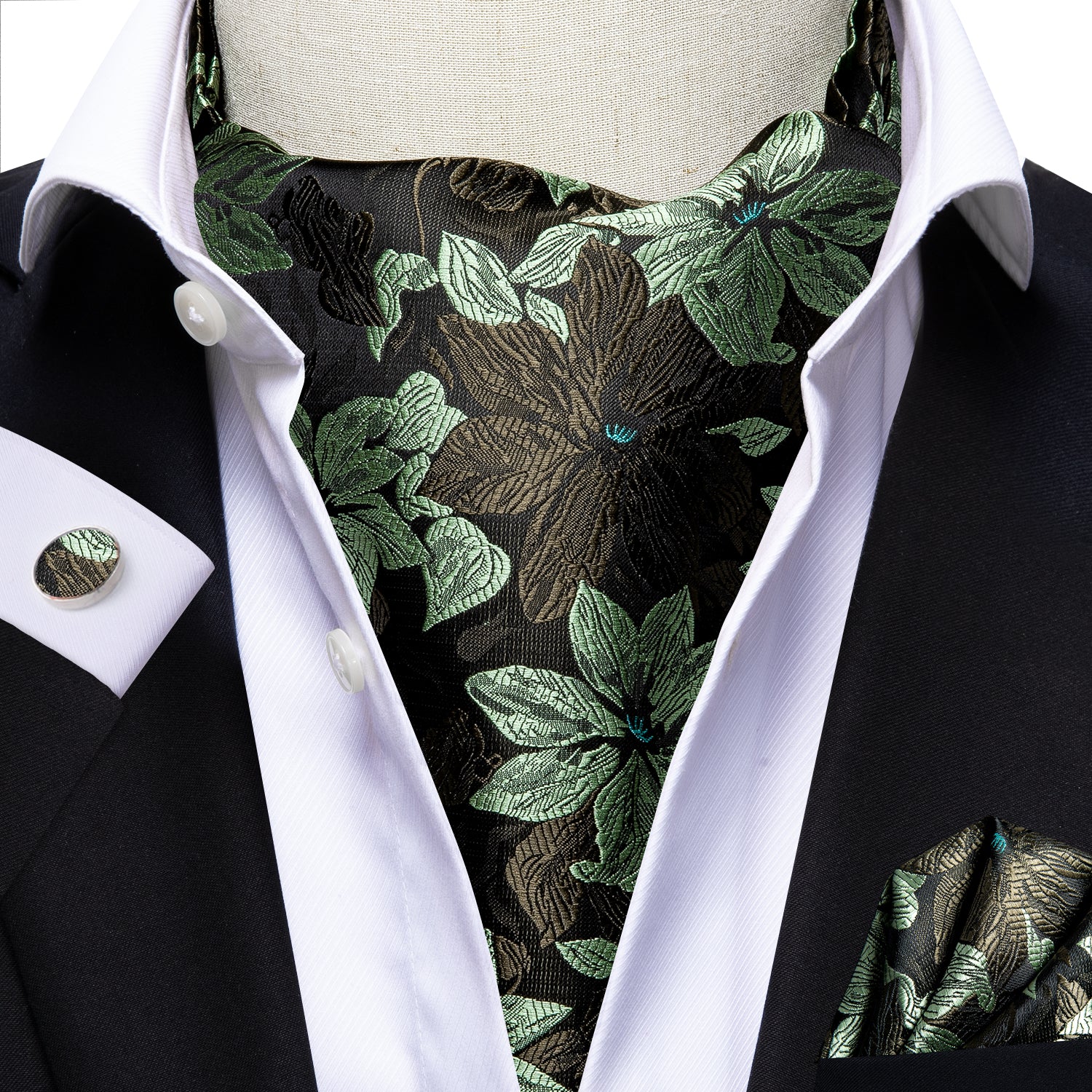 Black Green Floral Ascot Pocket Square Cufflinks Set