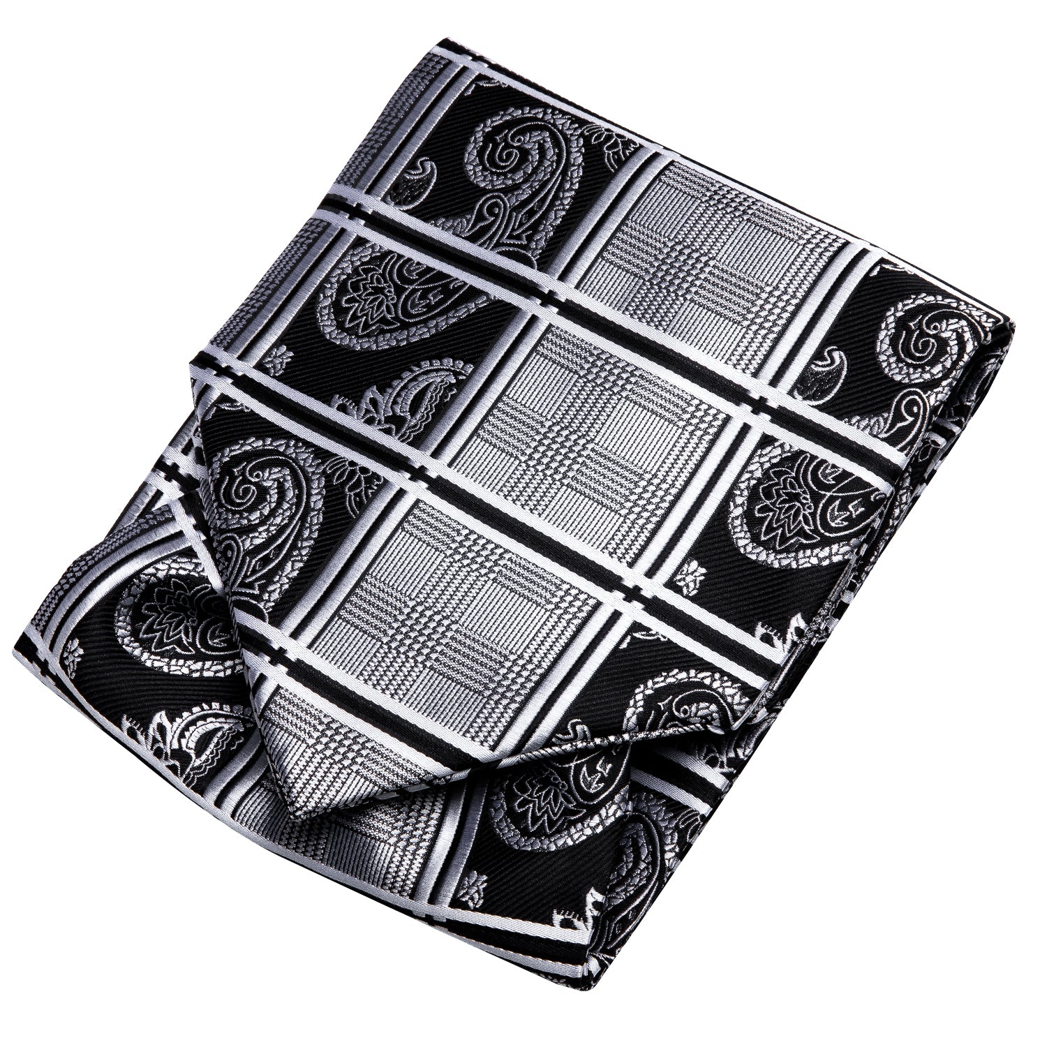 Black White Paisley Plaid Ascot Pocket Square Cufflinks Set