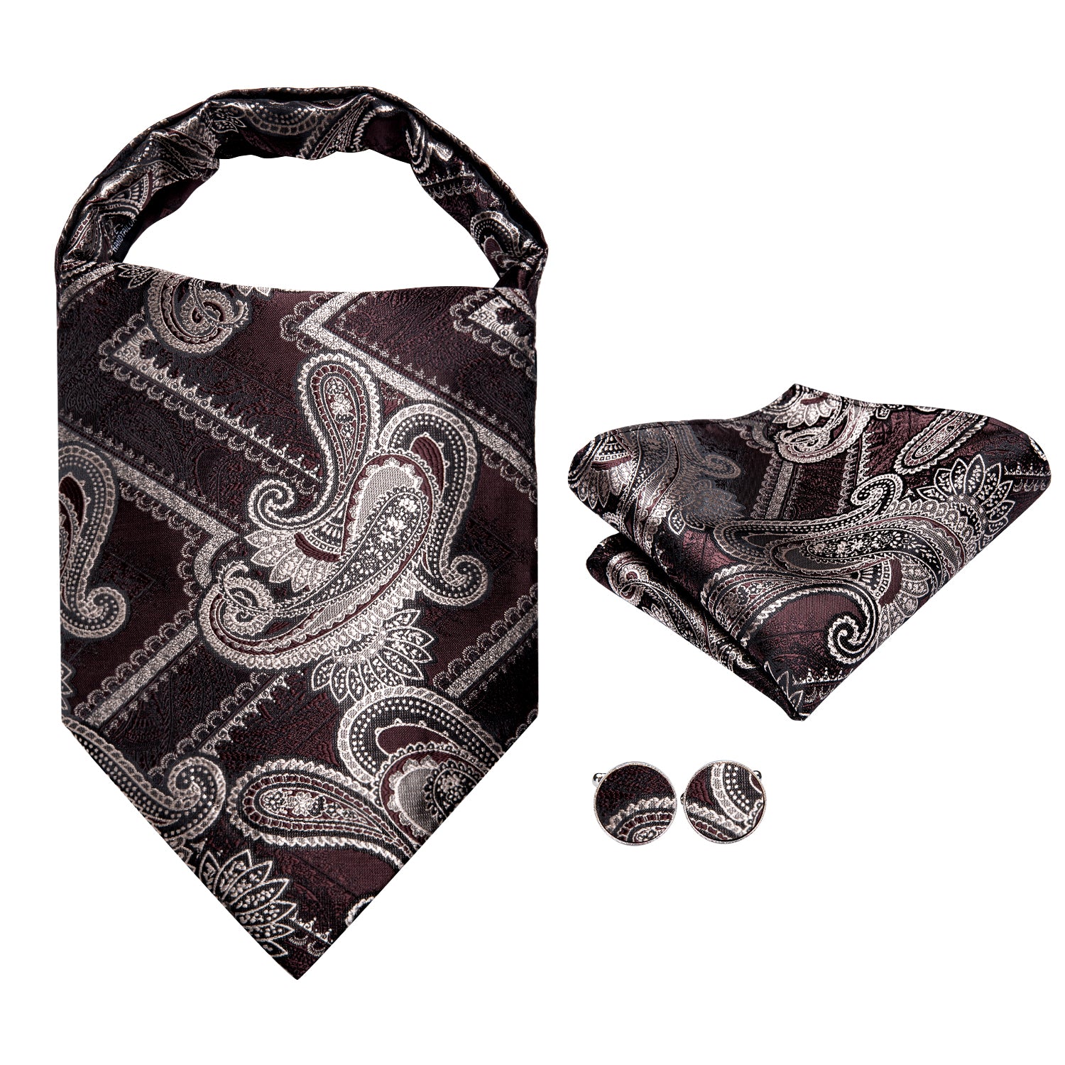 Red Brown Paisley Ascot Pocket Square Cufflinks Set